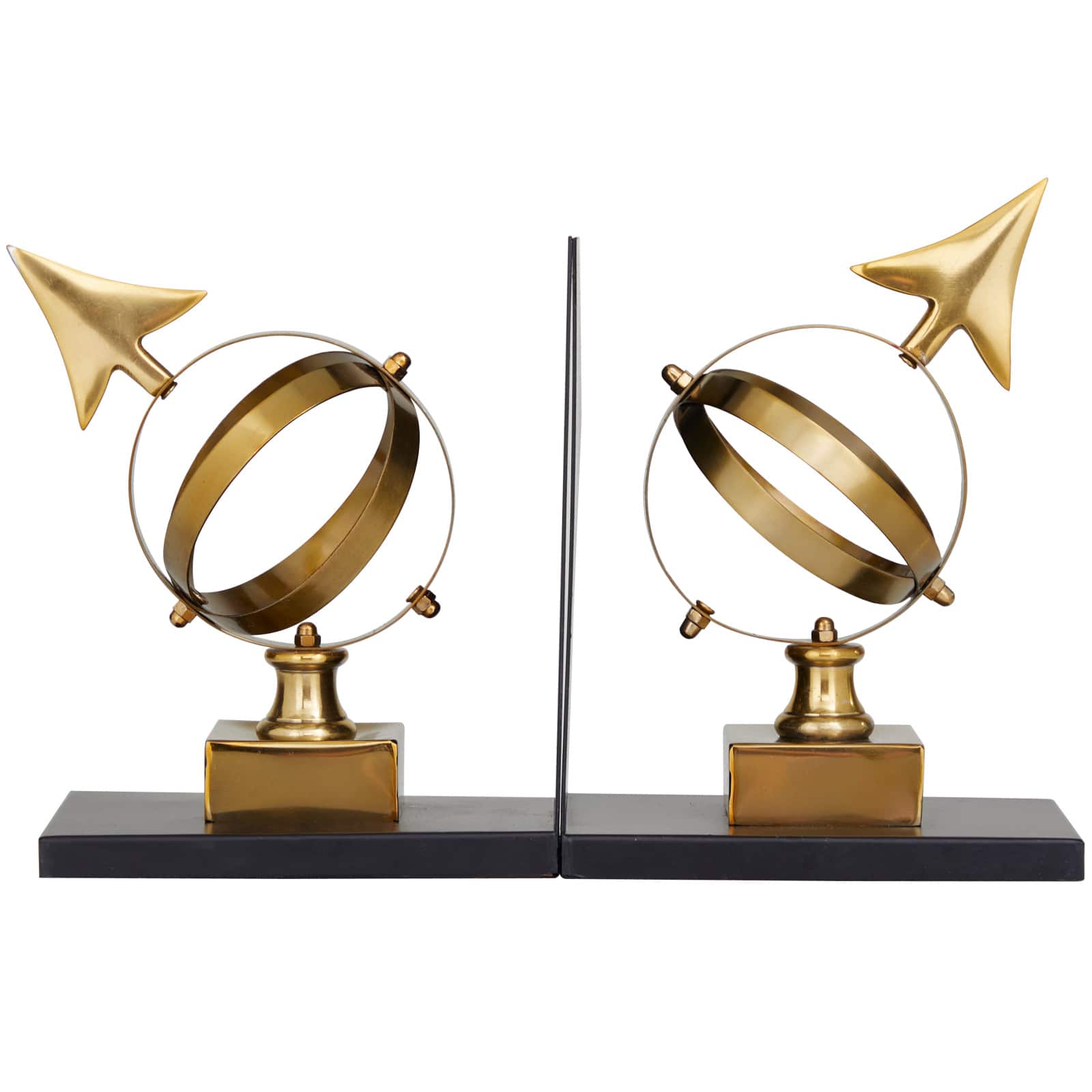 8" Gold Stainless Steel Armillary Bookends with Black Bases Set