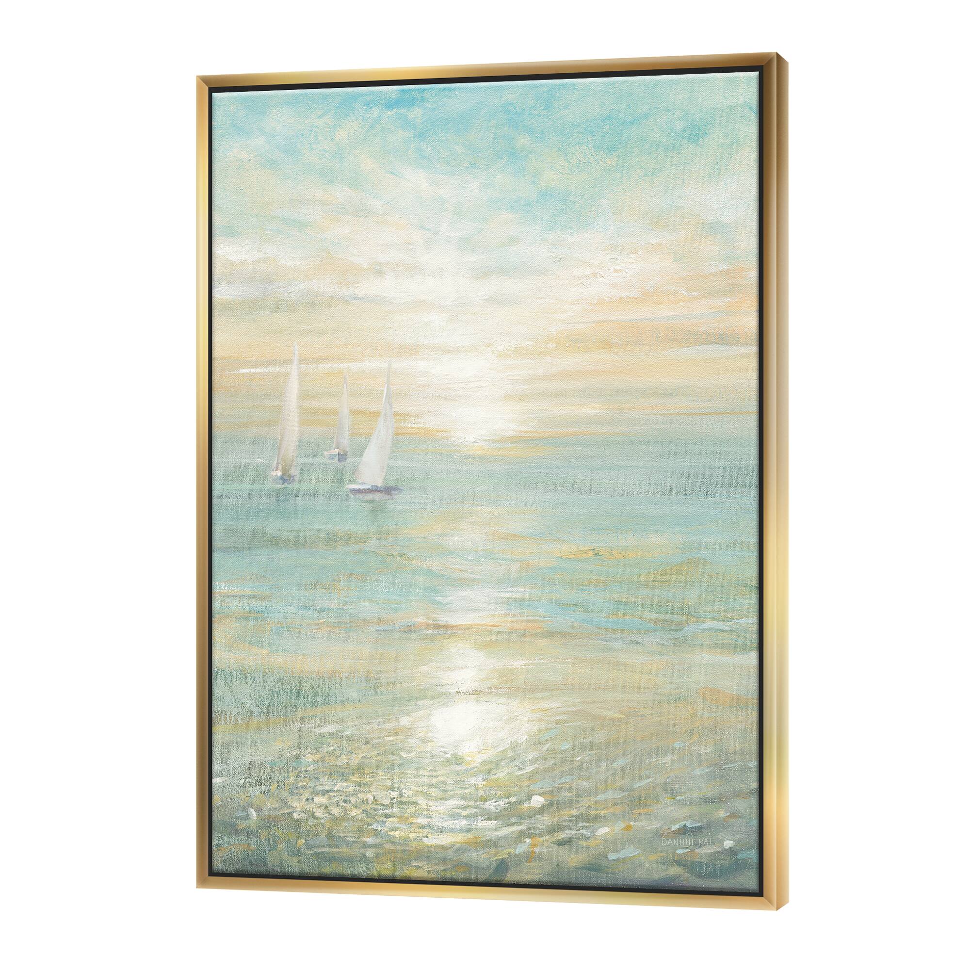 Designart - Sunrise Boat I - Nautical &#x26; Coastal Canvas in Gold Frame