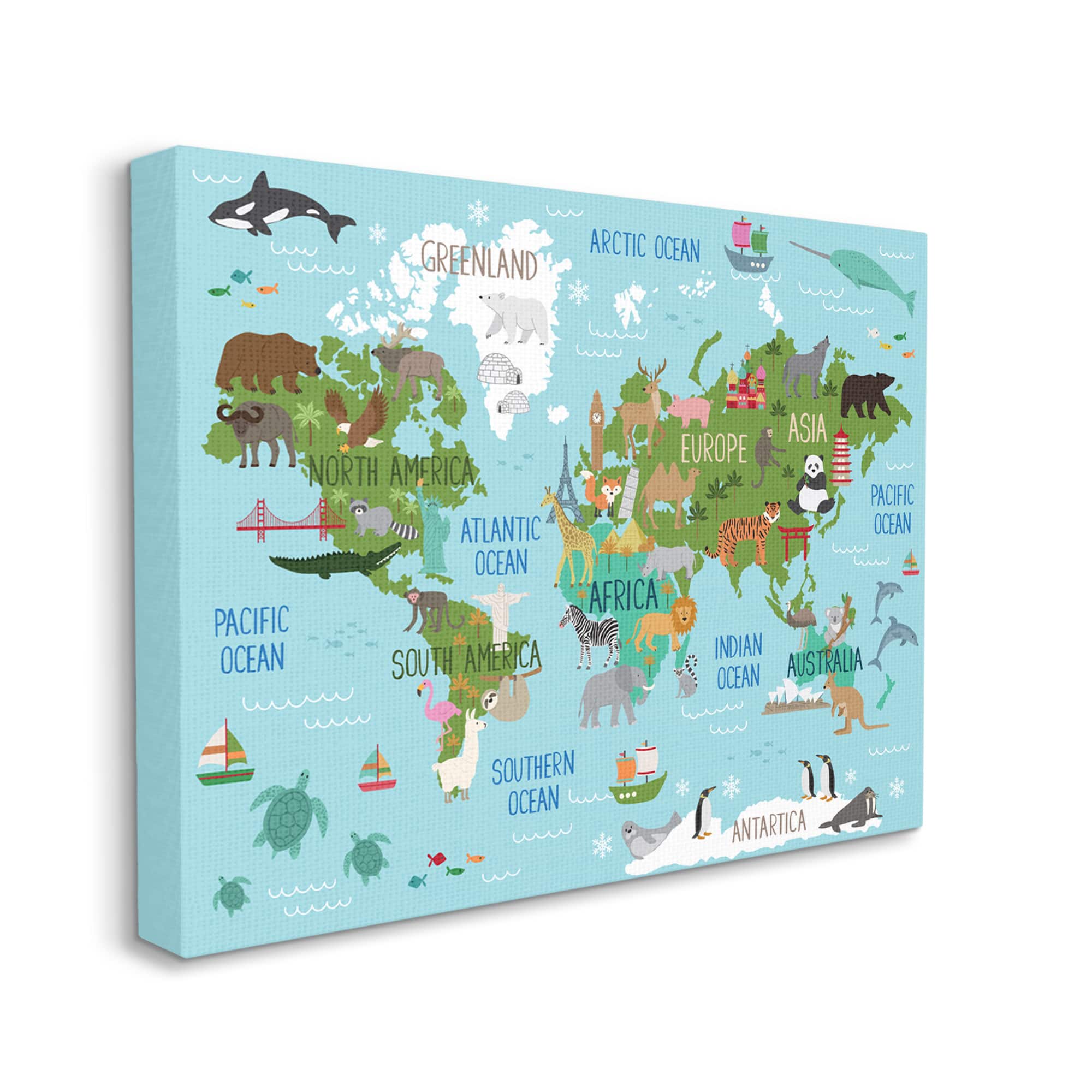 Stupell Industries Kid&#x27;s Animal World Map Favorite Regional Wildlife Canvas Wall Art