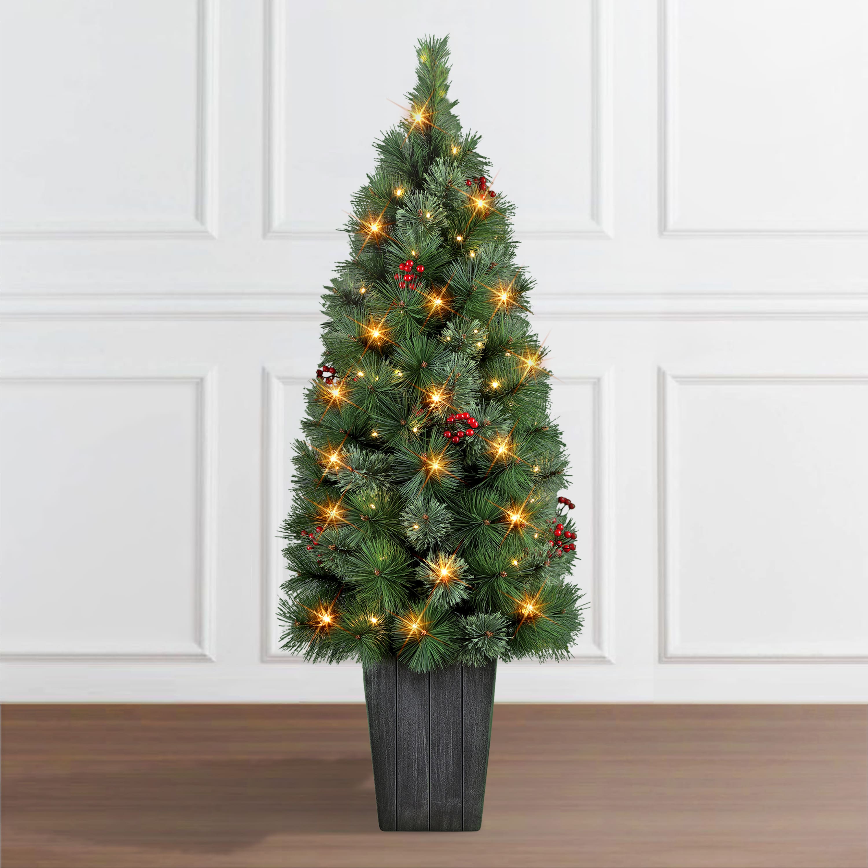 6 Pack: 4ft. Pre-Lit Potted Cascade Pine Artificial Christmas Tree, White LED lights