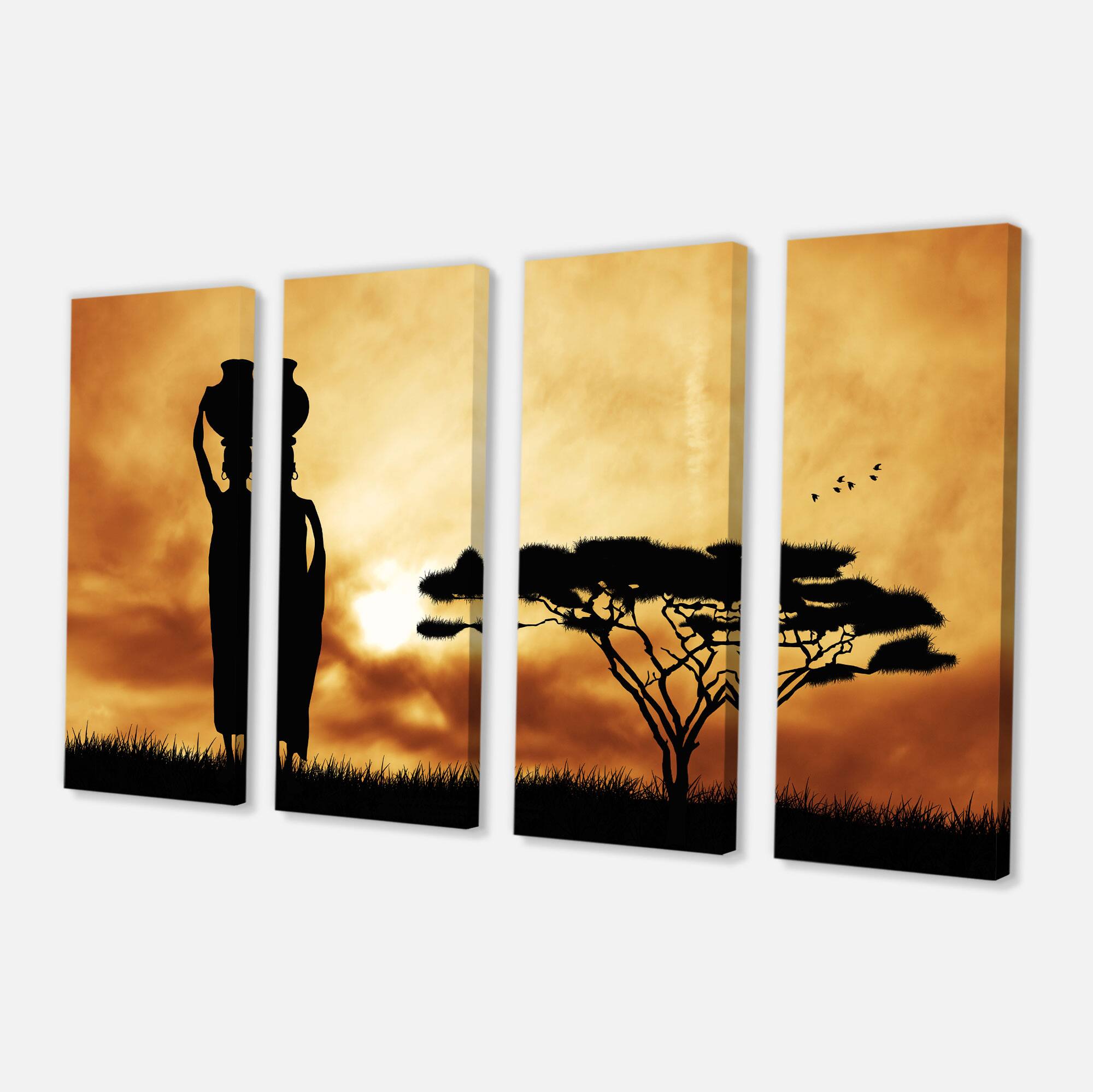 Designart - African Woman and Lonely Tree - African Landscape Canvas Art Print