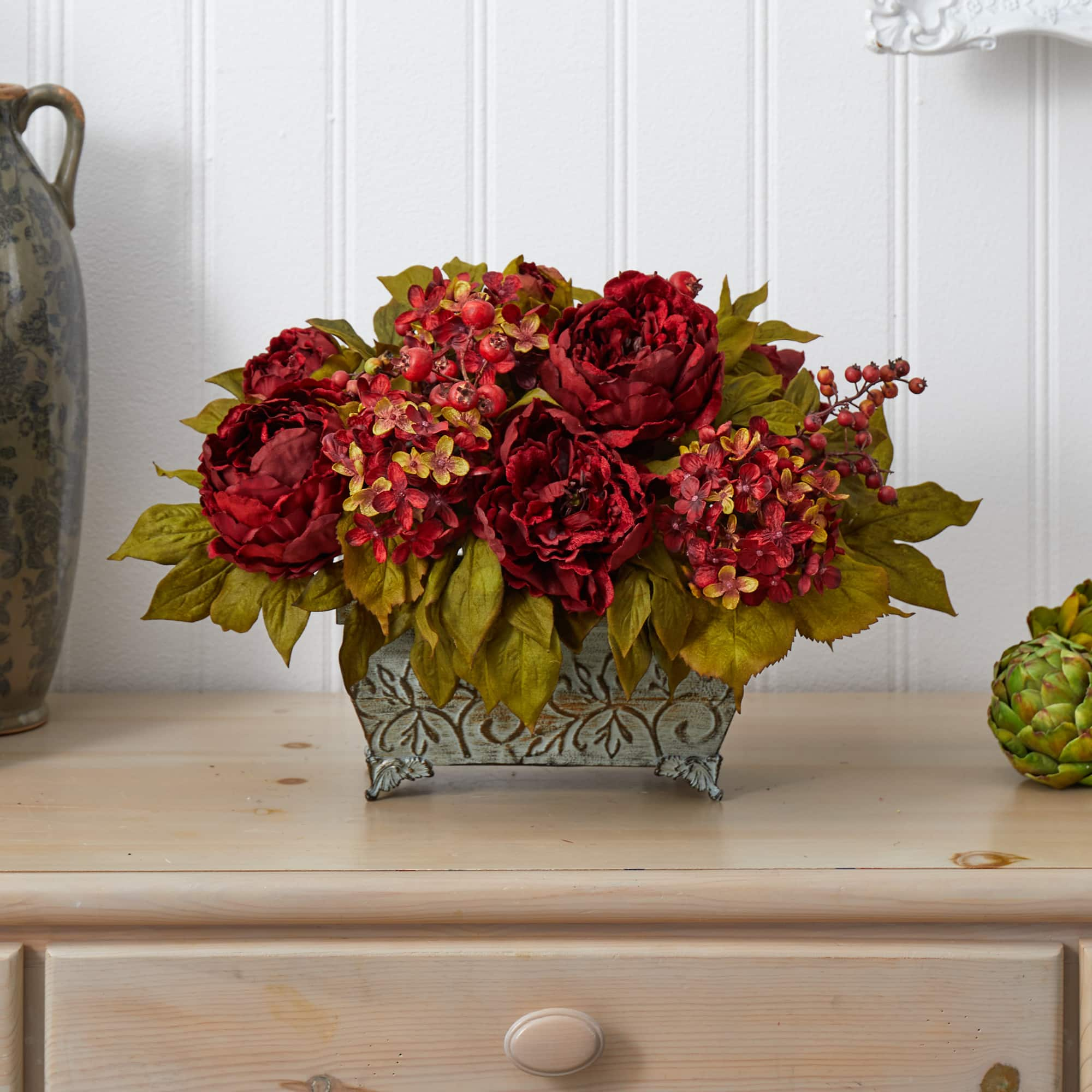 18&#x22; Red Peony &#x26; Hydrangea Arrangement in Decorative Planter