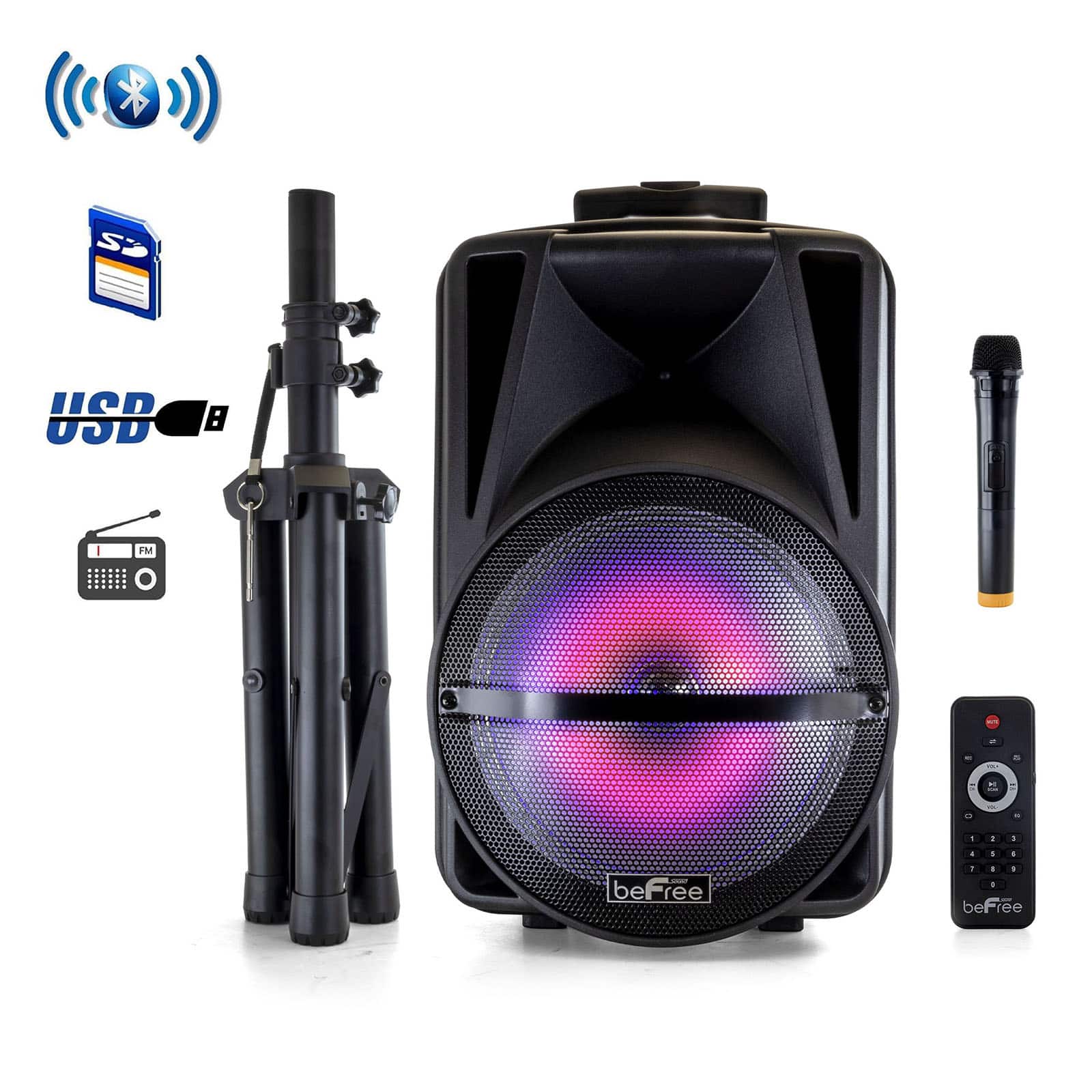 beFree Sound 12&#x22; Bluetooth Rechargeable Portable PA Party Speaker With Reactive LED Lights &#x26; Stand