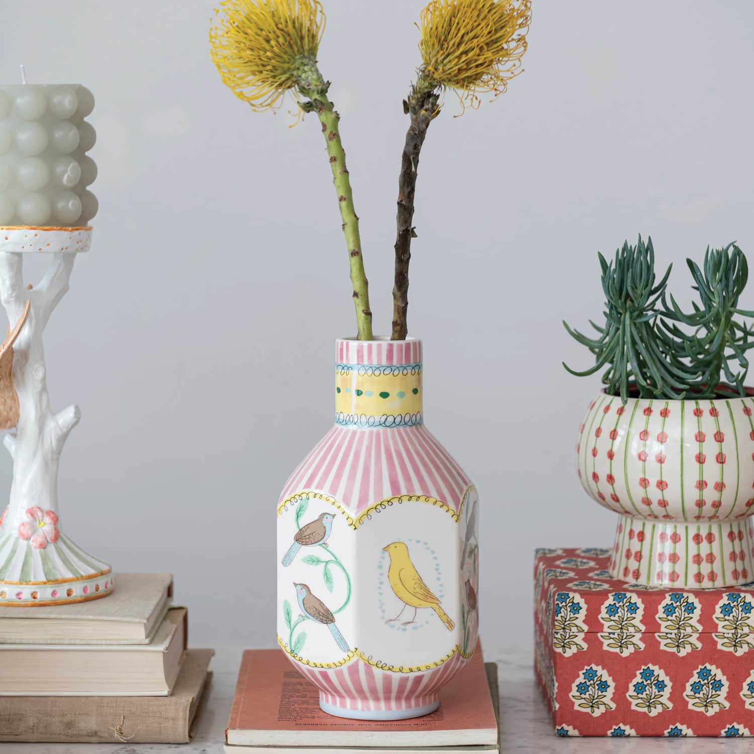 8&#x22; Painted Bird Design Ceramic Vase