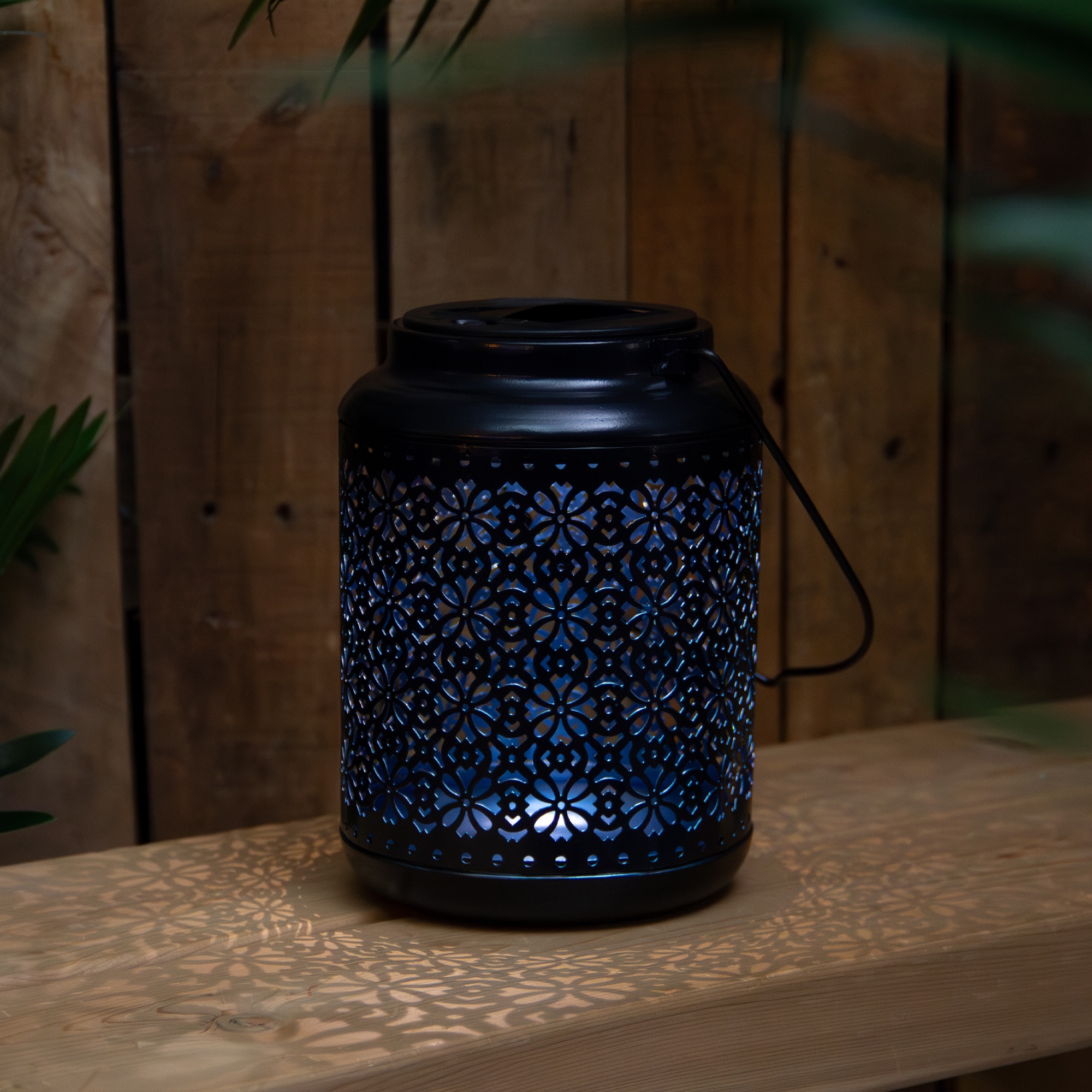 7" Black Integrated Floral LED Solar Outdoor Lantern with Handle