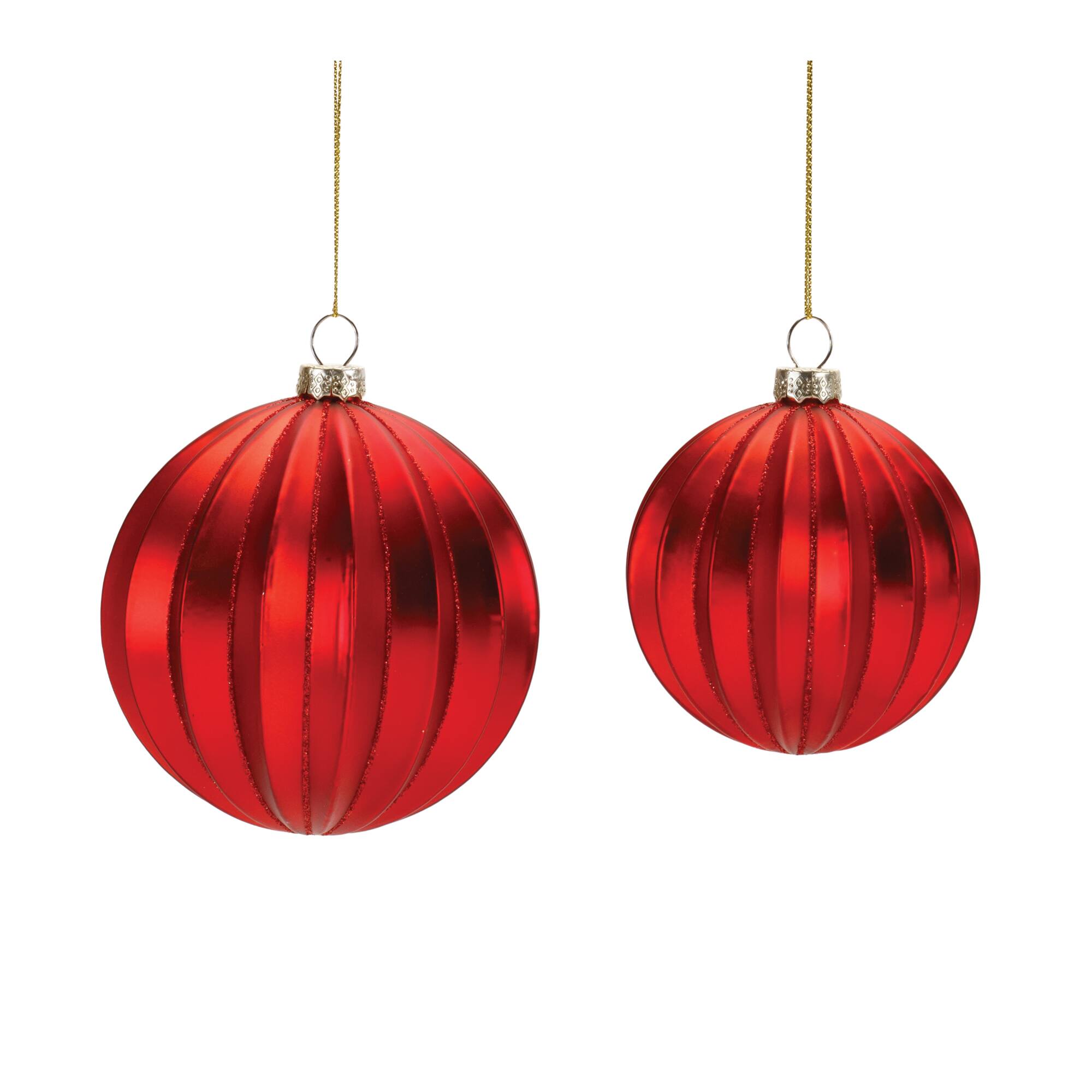 Red Glitter Ribbed Glass Ball Ornaments Set