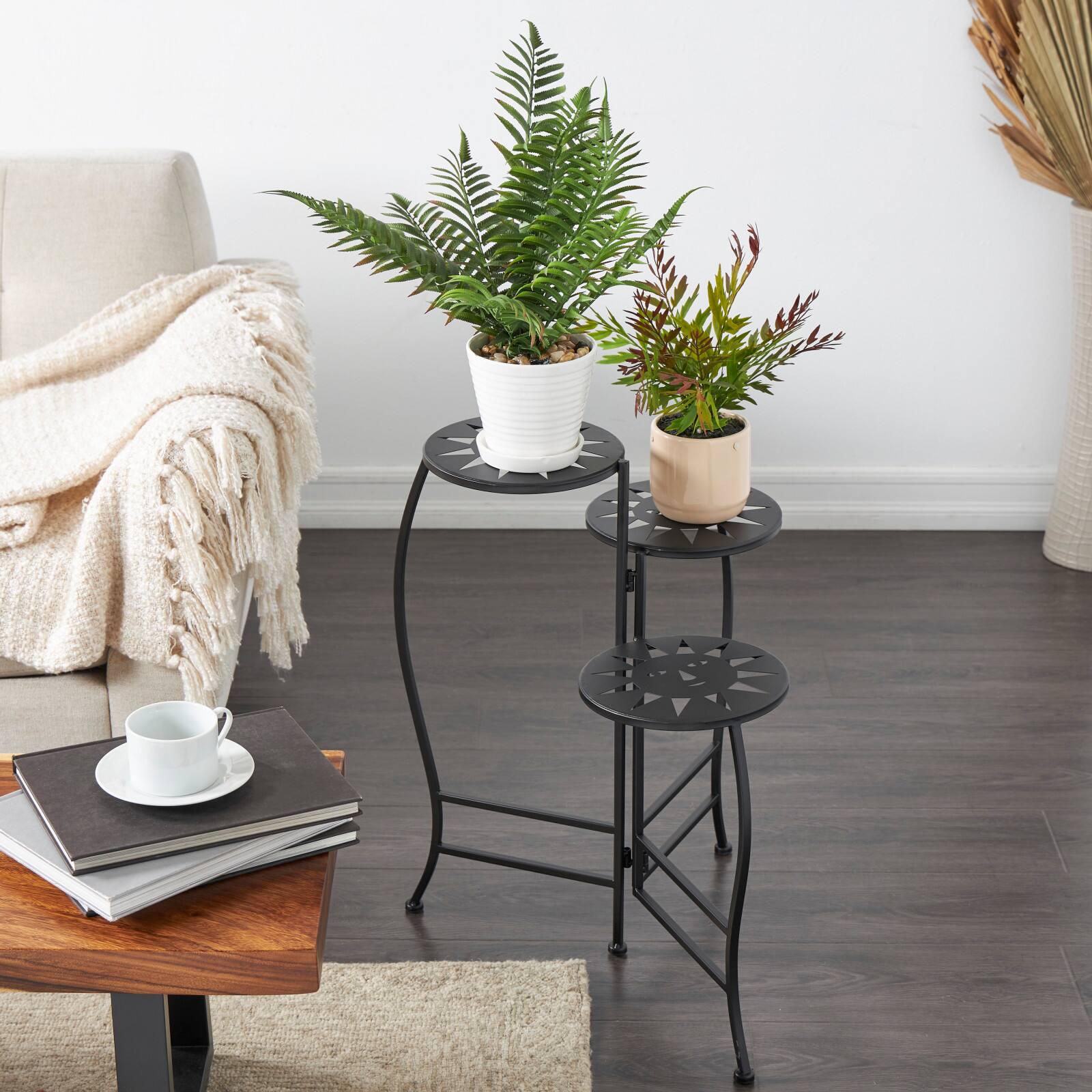 24" Black Metal Folding 3-Tier Plant Stand with Sun Face Cutouts