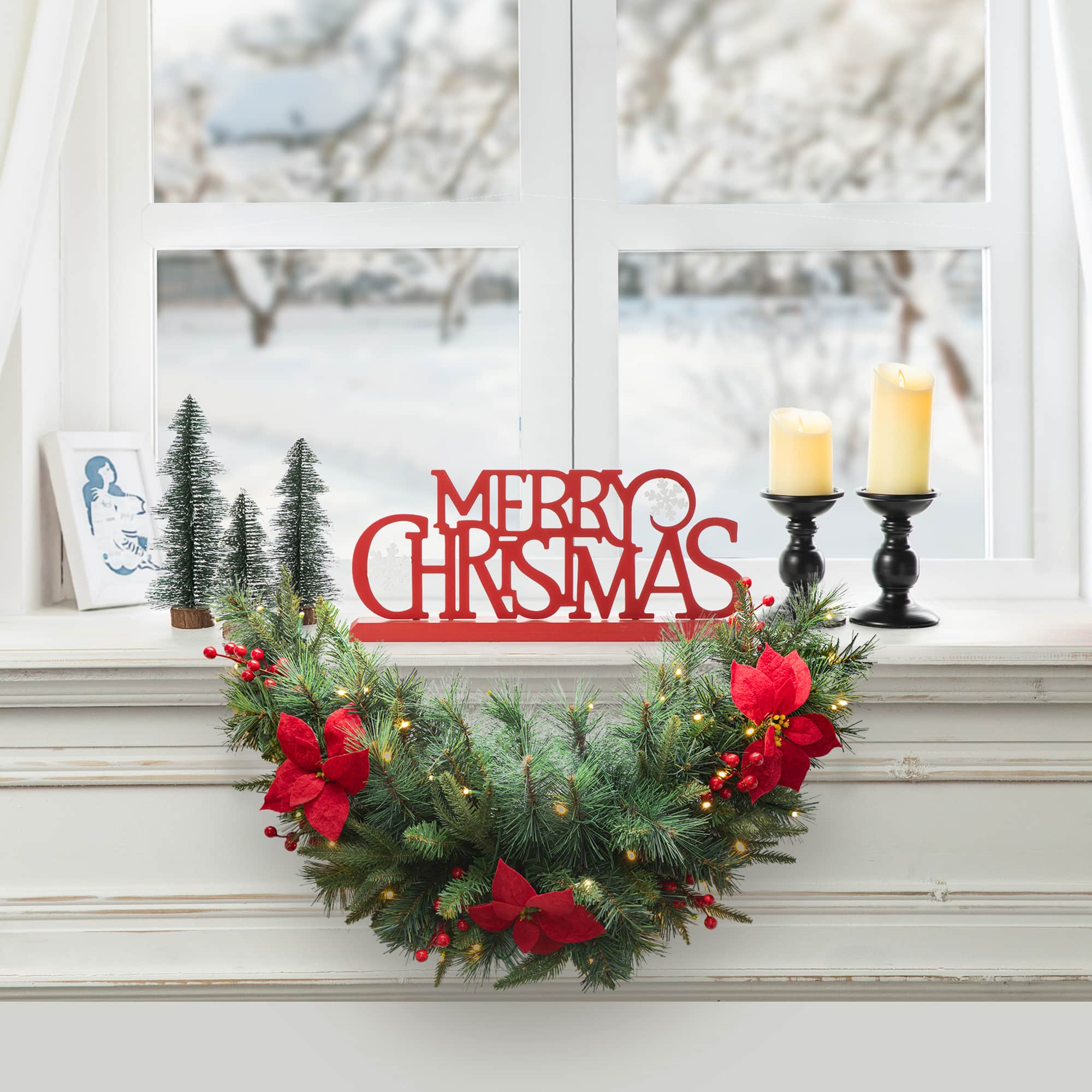 Glitzhome® 3ft. Pre-Lit Pine, Poinsettia & Berries Christmas Swag