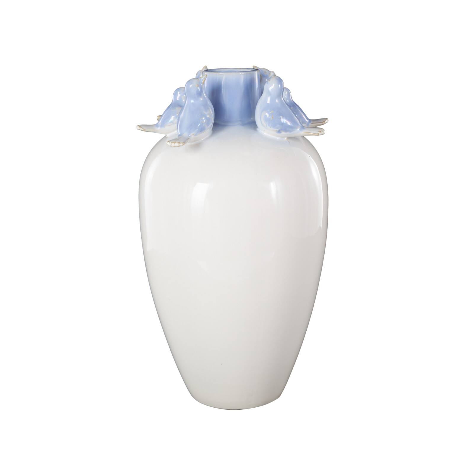 15" White with Blue Bird Accents Ceramic Decorative Vase