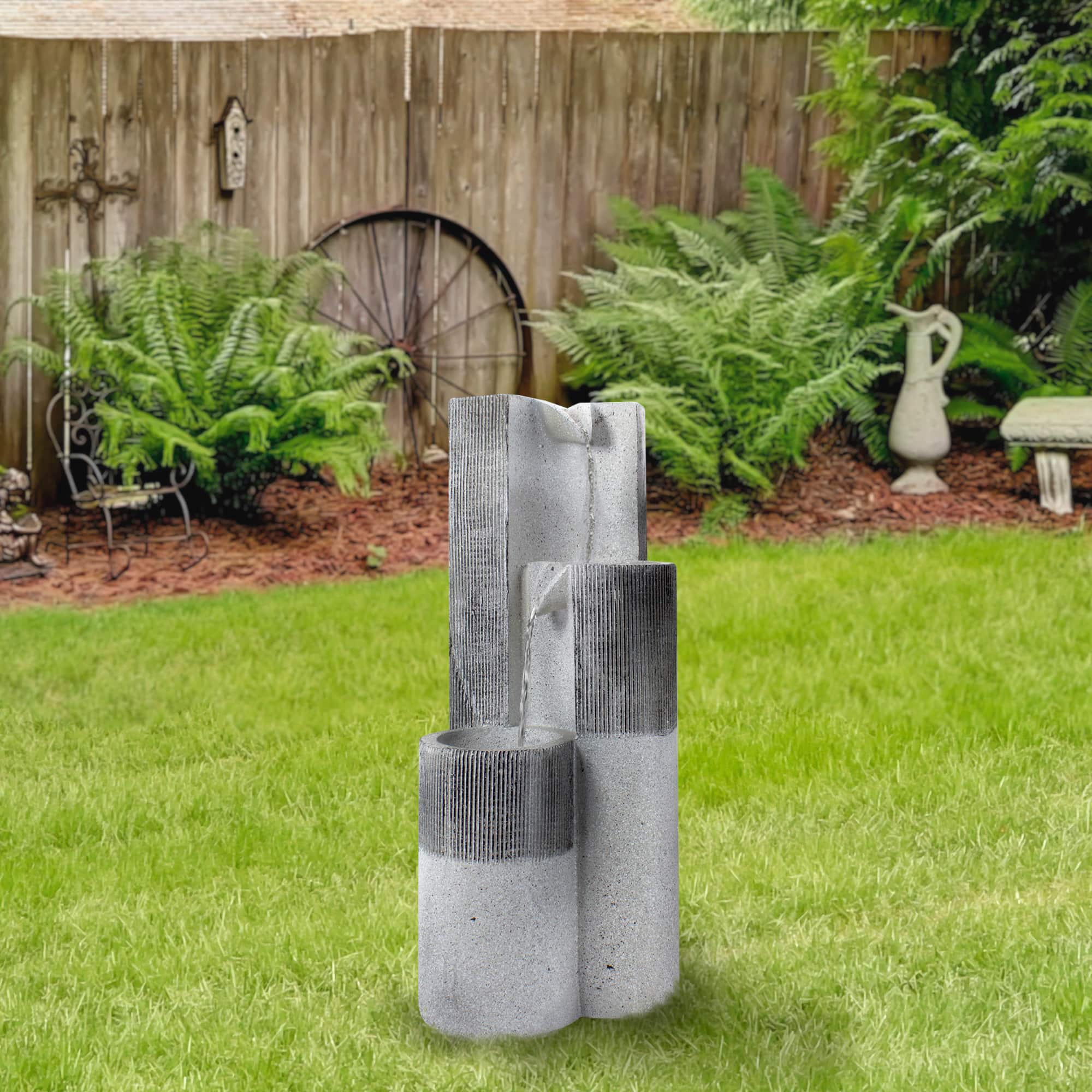 24&#x22; Gray Speckled Modern Style 3-Tier Rainfall Outdoor Water Fountain
