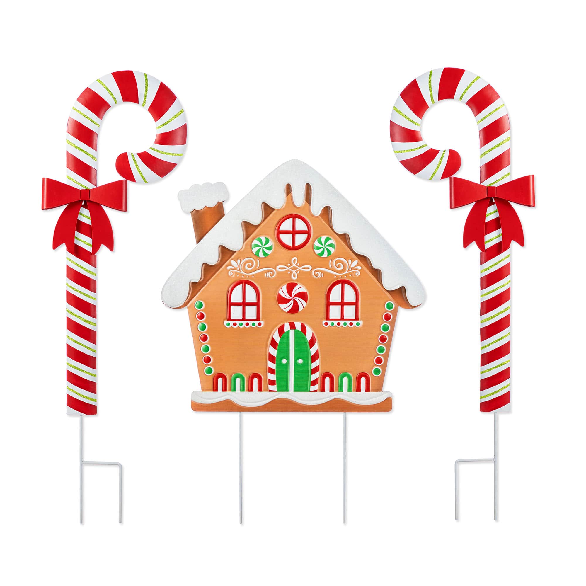 Glitzhome® 33" Metal Christmas Gingerbread House and Candy Cane Yard Stake Set