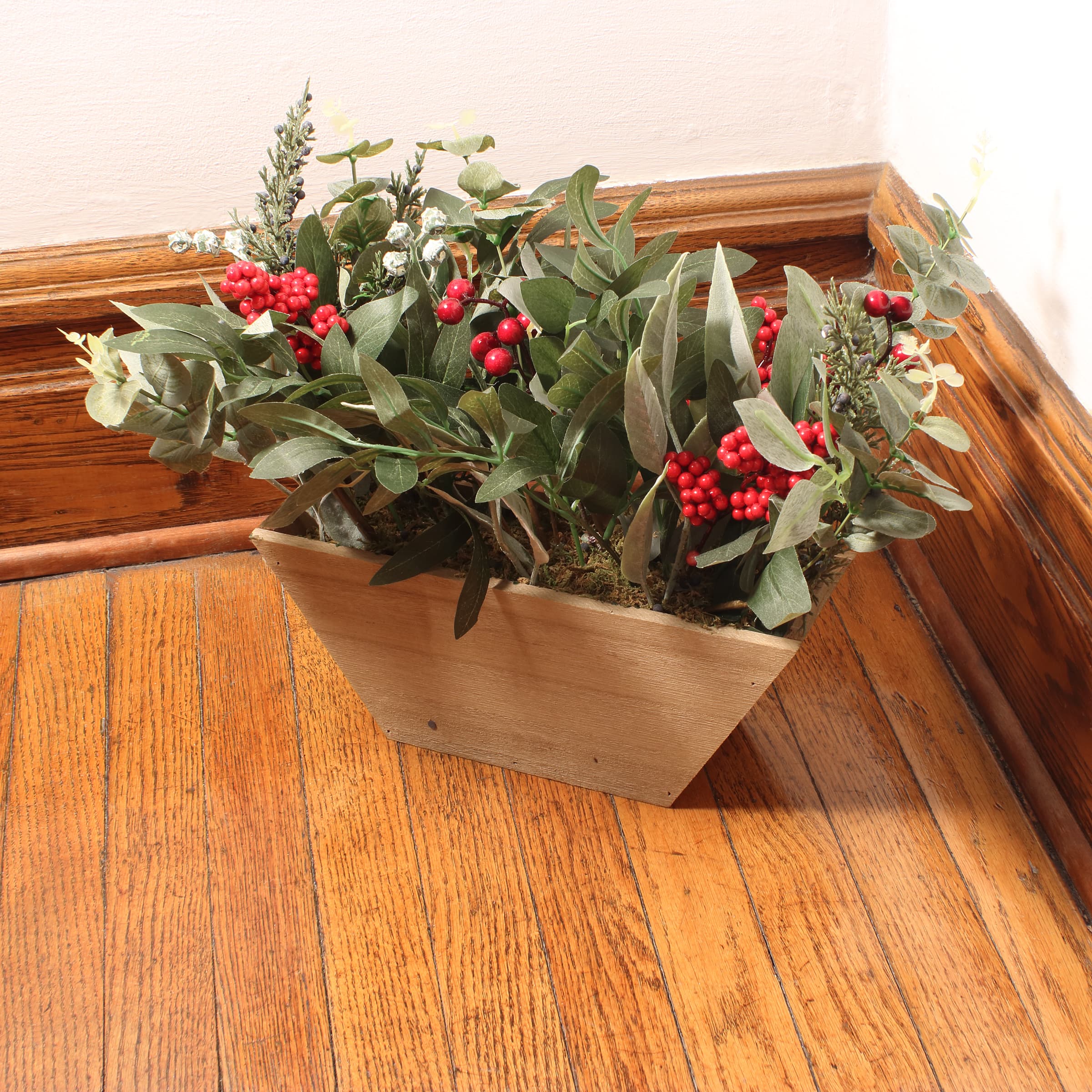 22" Christmas Wooden Pot with Mixed Eucalyptus & Berry