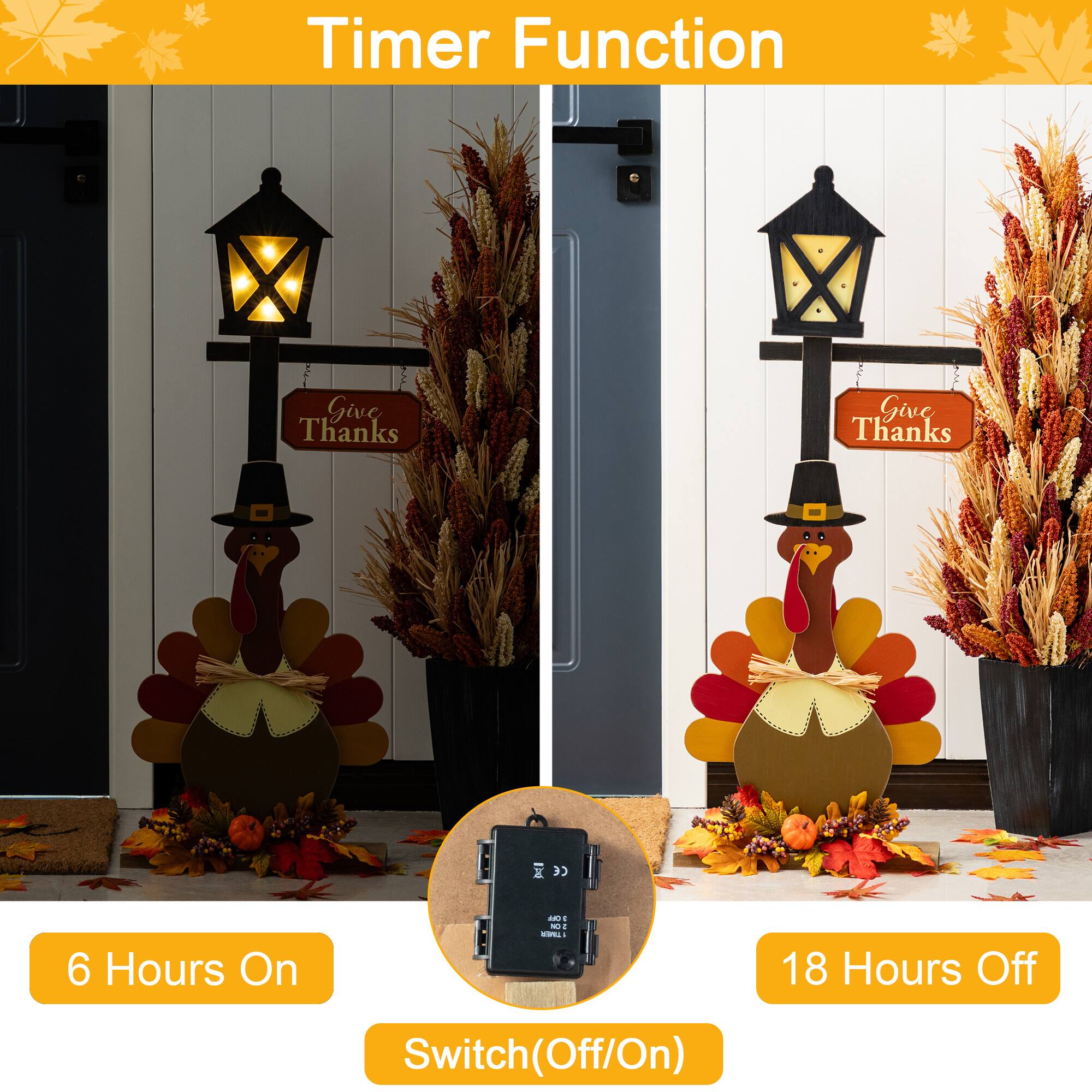 Glitzhome&#xAE; 36&#x22;H Lighted Thanksgiving Wooden Turkey Lamp Post Porch Decor