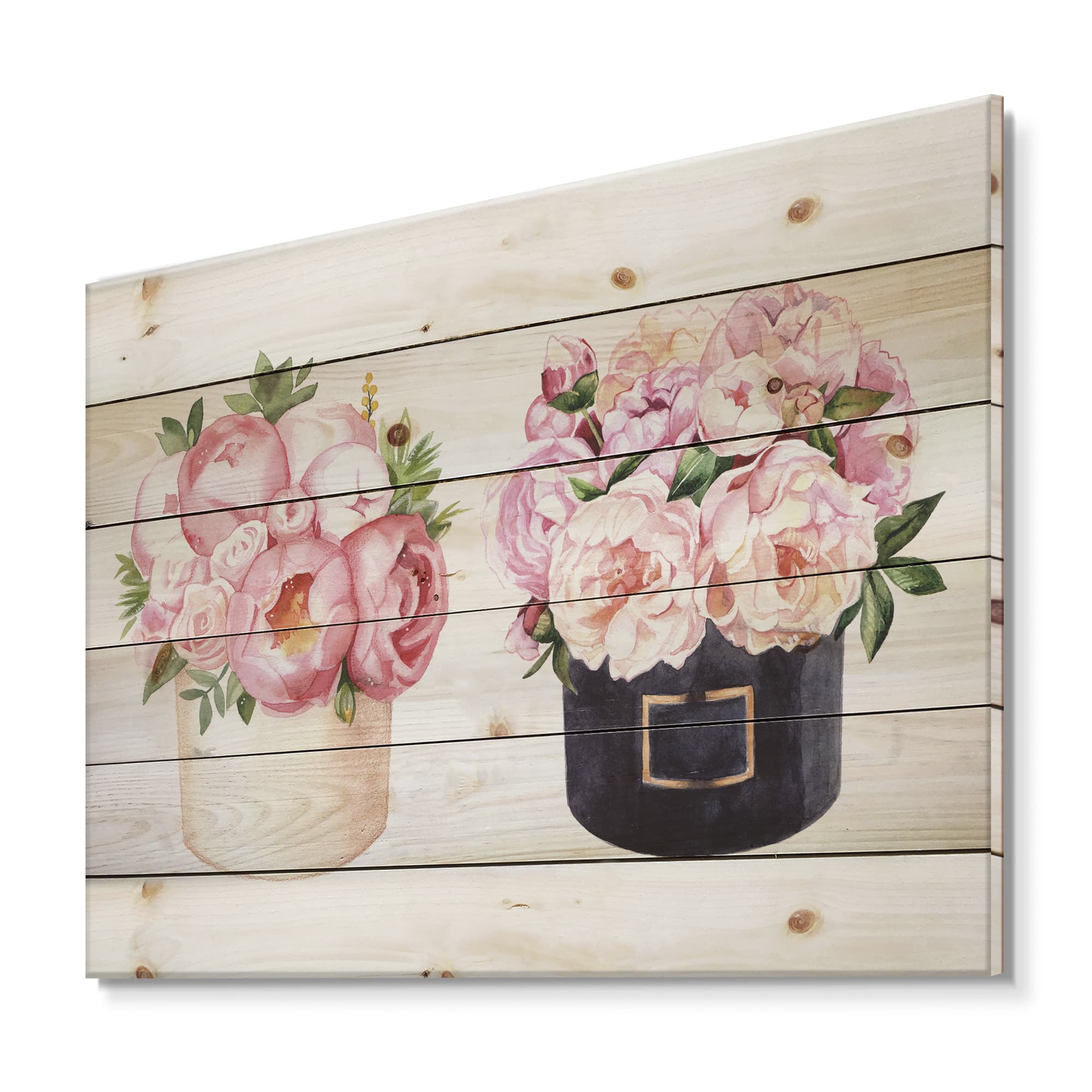 Designart - Flower Box With Peonies and Rose - Farmhouse Print on Natural Pine Wood