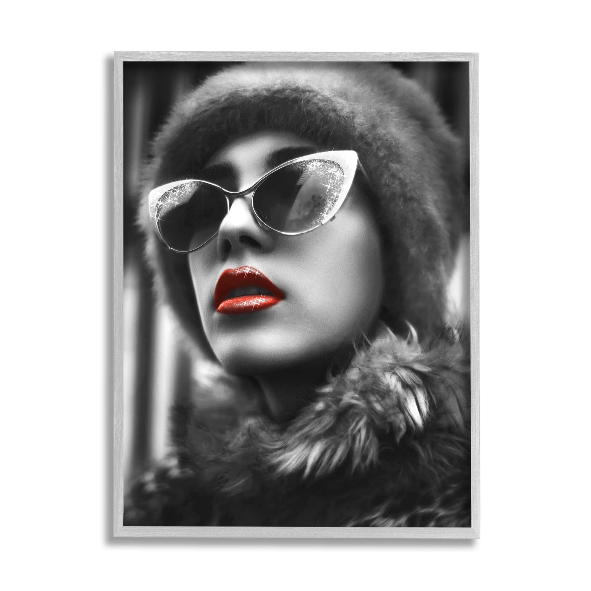 Stupell Industries Fashion Woman Red Lips Glam Sunglasses Fur Coat Framed Wall Art