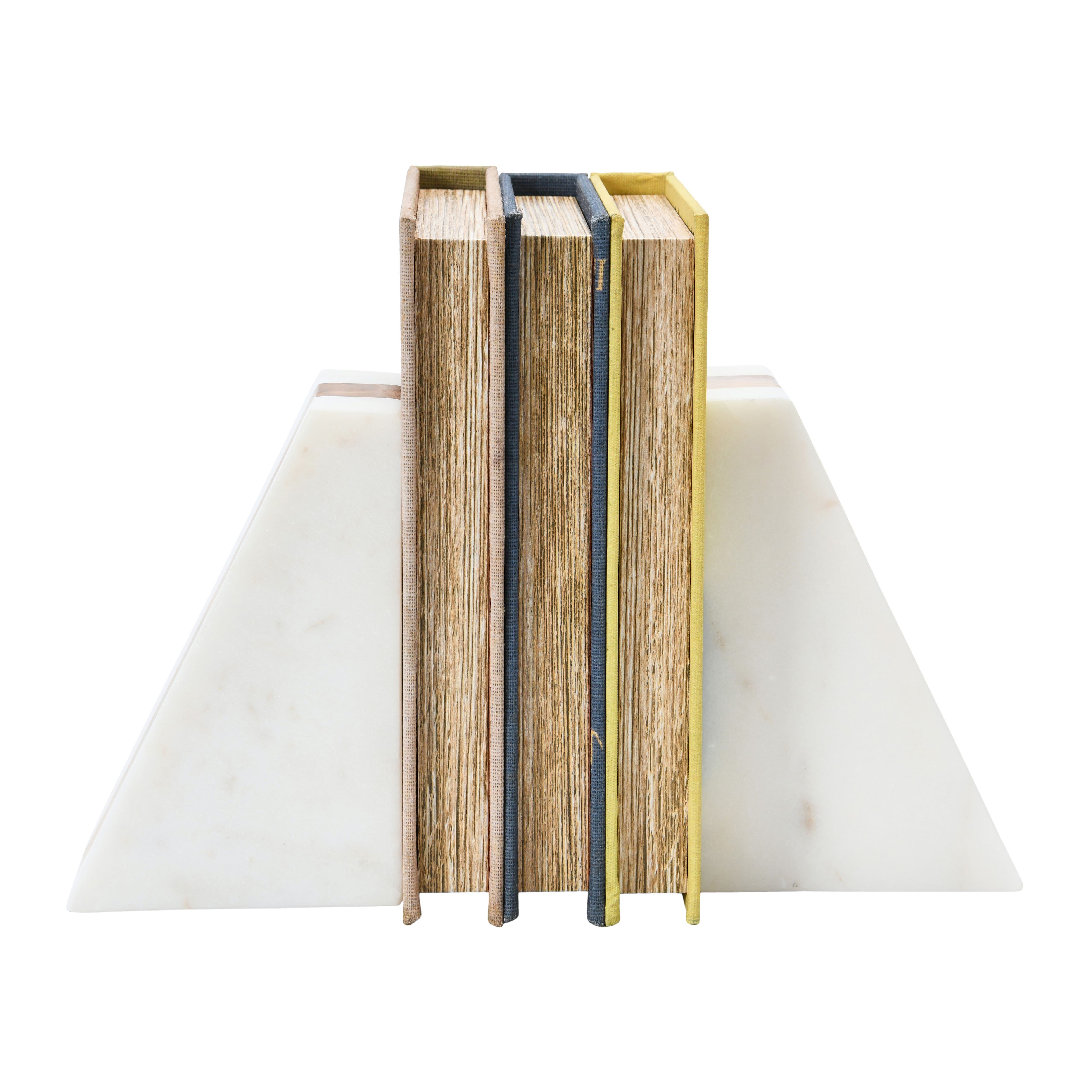 Hello Honey® 6" White Marble Geometric Bookends with Wood Inlay