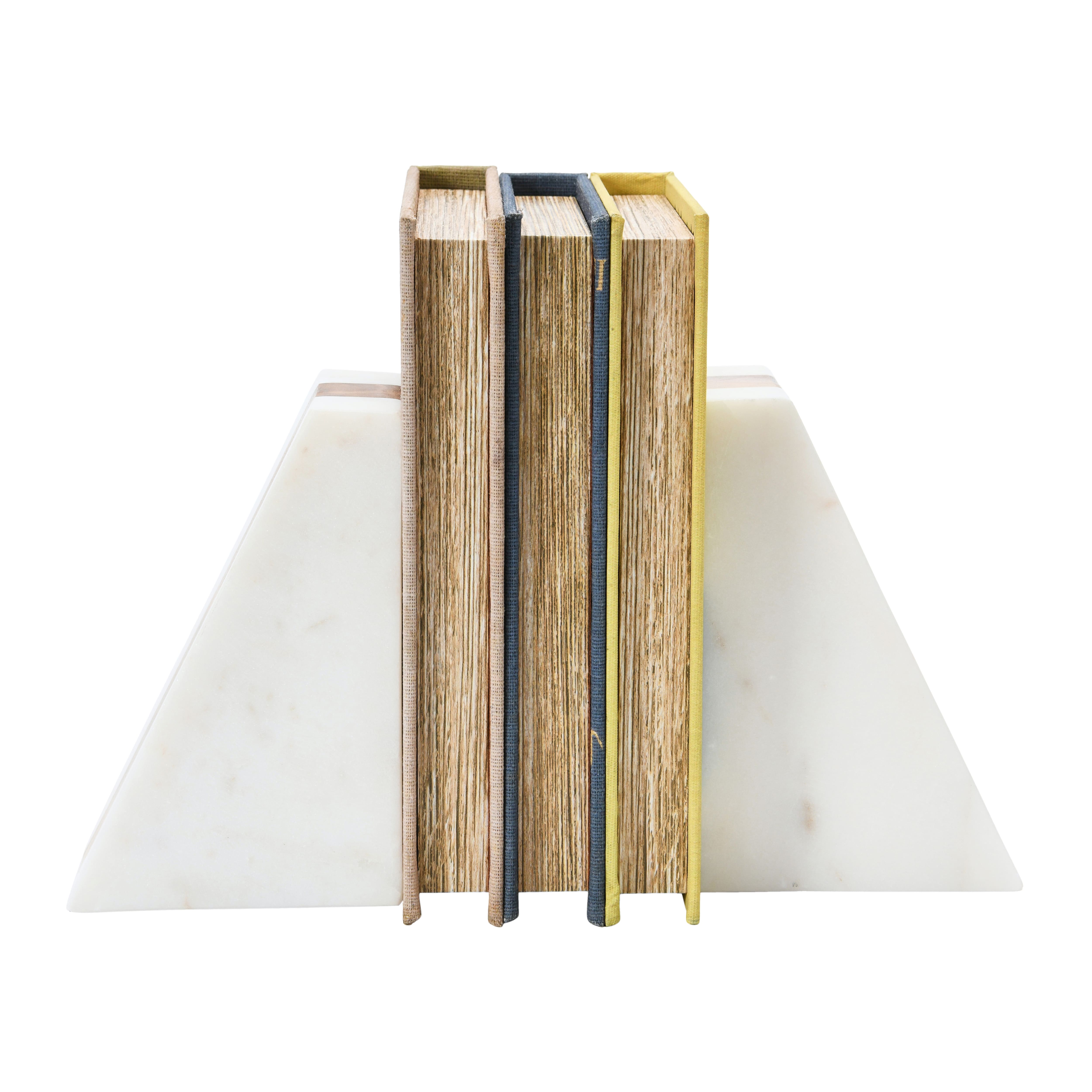 6&#x22; White Marble Geometric Bookends with Wood Inlay