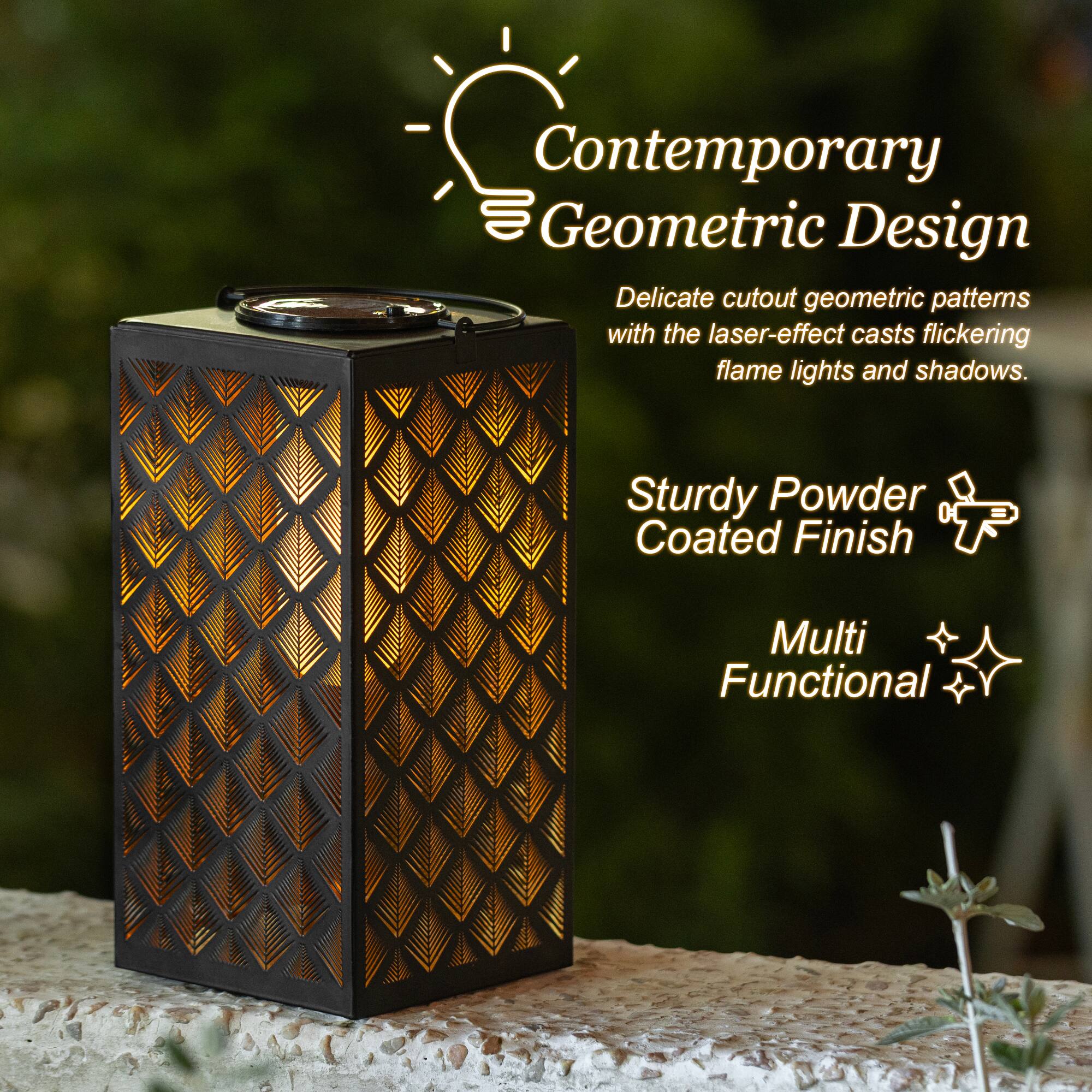 Glitzhome® 11" LED Black Square Textured Glass Solar Powered Hanging Lantern