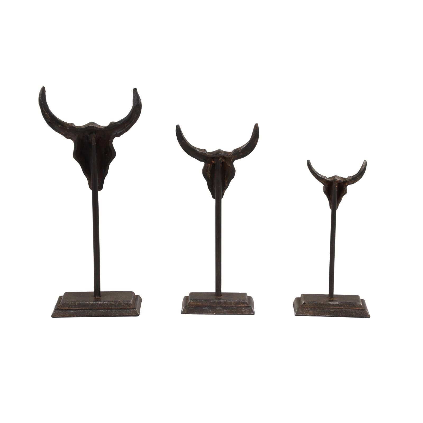 Set of 3 Grey Metal Eclectic Bull Sculpture, 15", 12", 10"