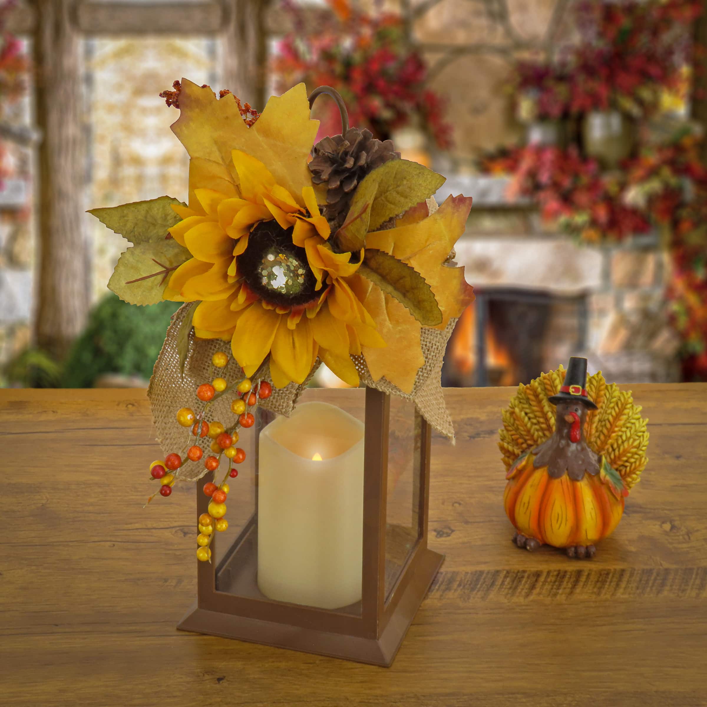 14&#x22; Battery-Operated LED Harvest Lantern with Sunflower