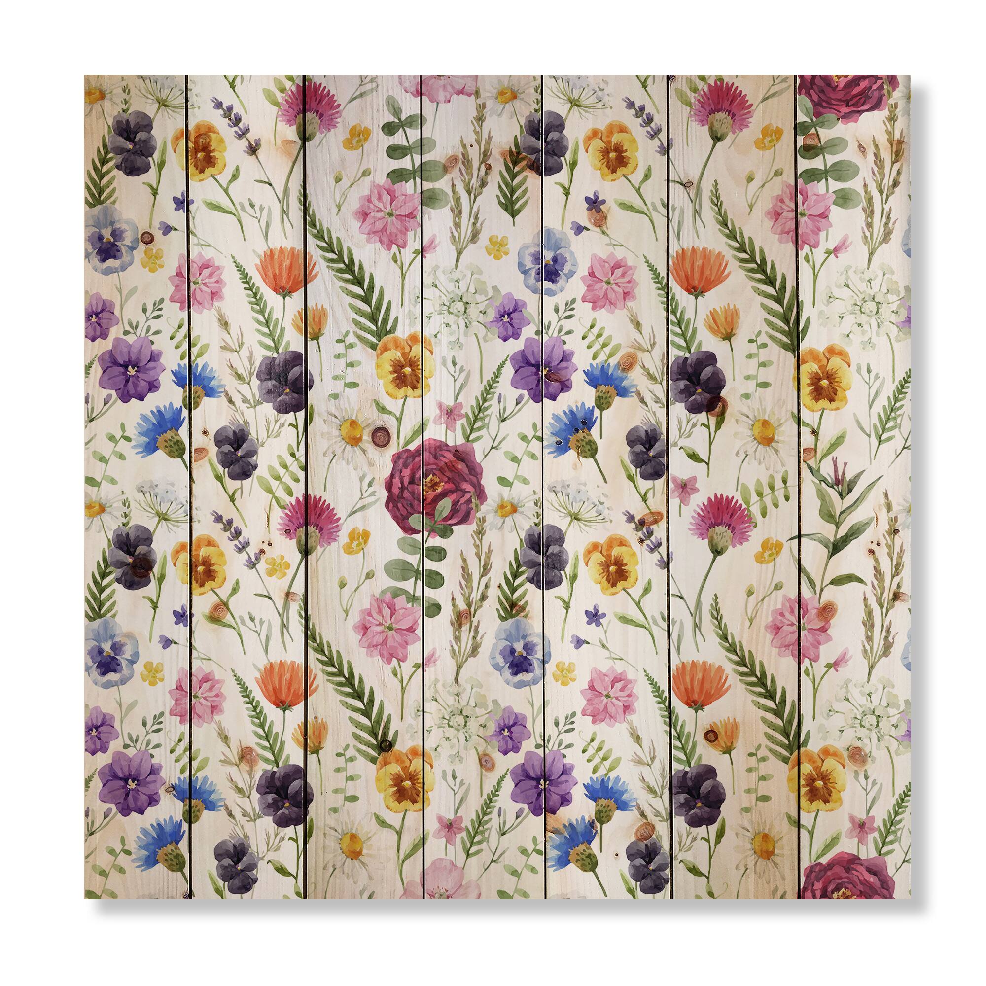 Designart - Wildflowers Floral Pattern II - Traditional Print on Natural Pine Wood
