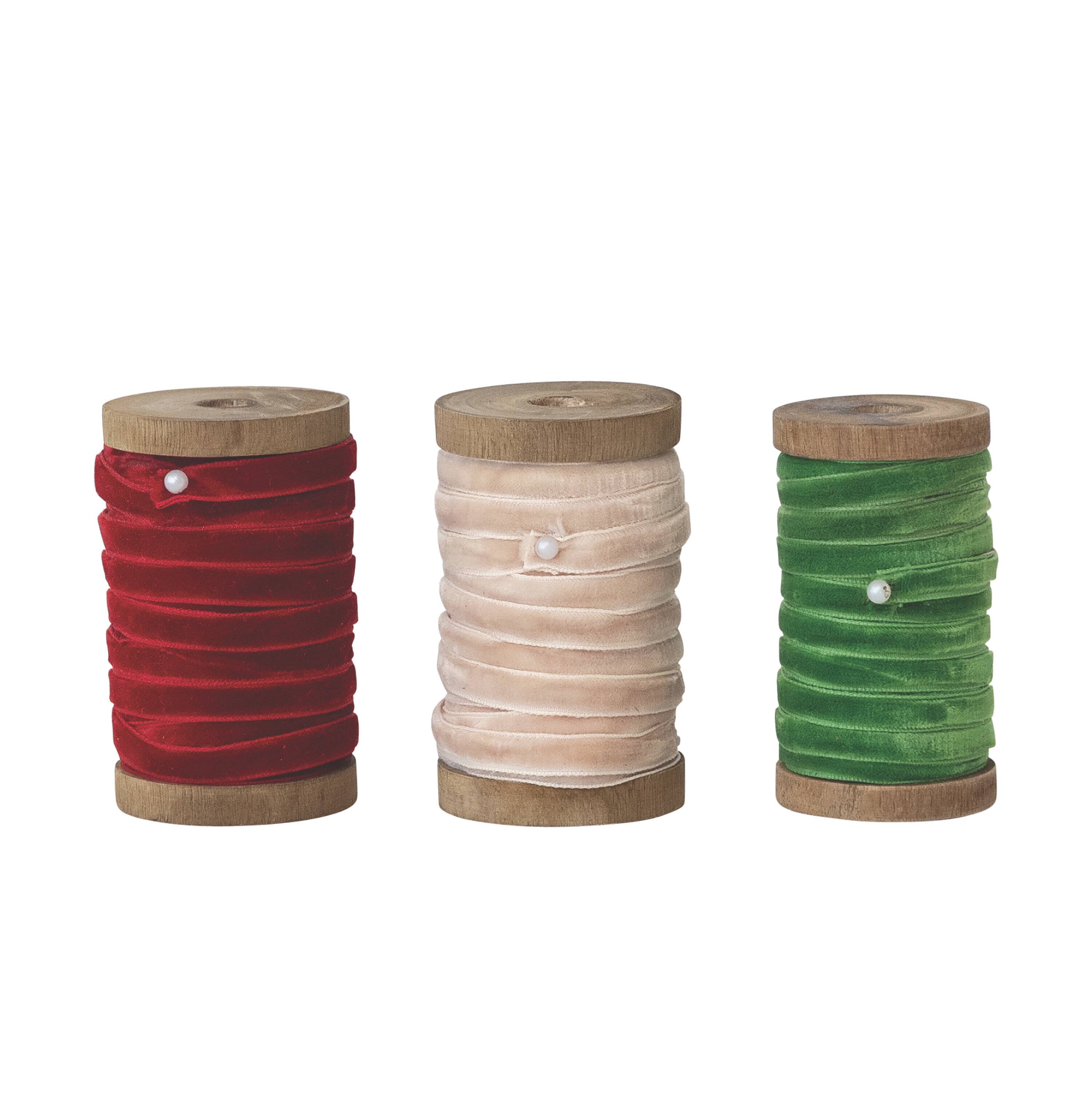 Hello Honey® Velvet Ribbon on Mango Wood Spool Set, Red, Beige, and Green