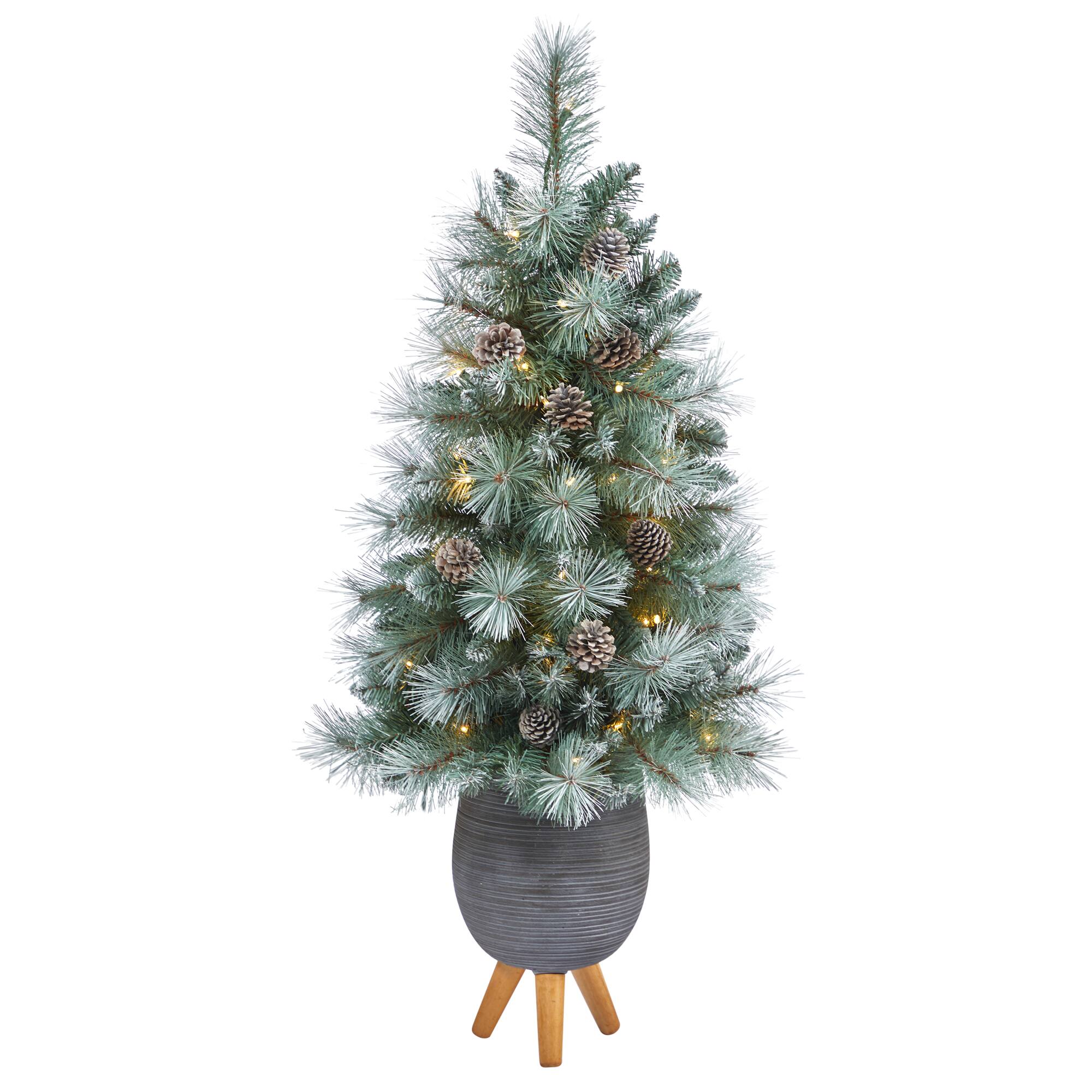 3.5ft. Pre-Lit Frosted Tip British Columbia Mountain Pine Artificial Christmas Tree in Gray Tripod Planter, Clear Lights