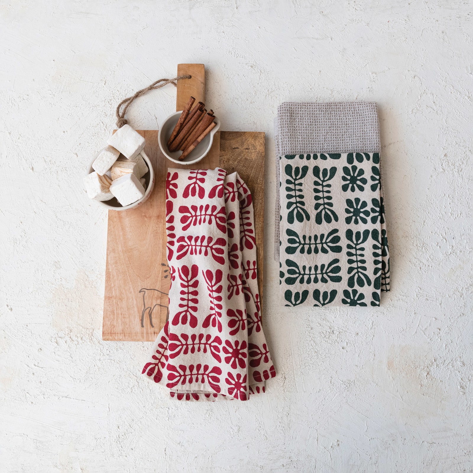 Hello Honey® Red, Green & White Printed Waffle Weave Stonewashed Cotton Tea Towels, 3ct.