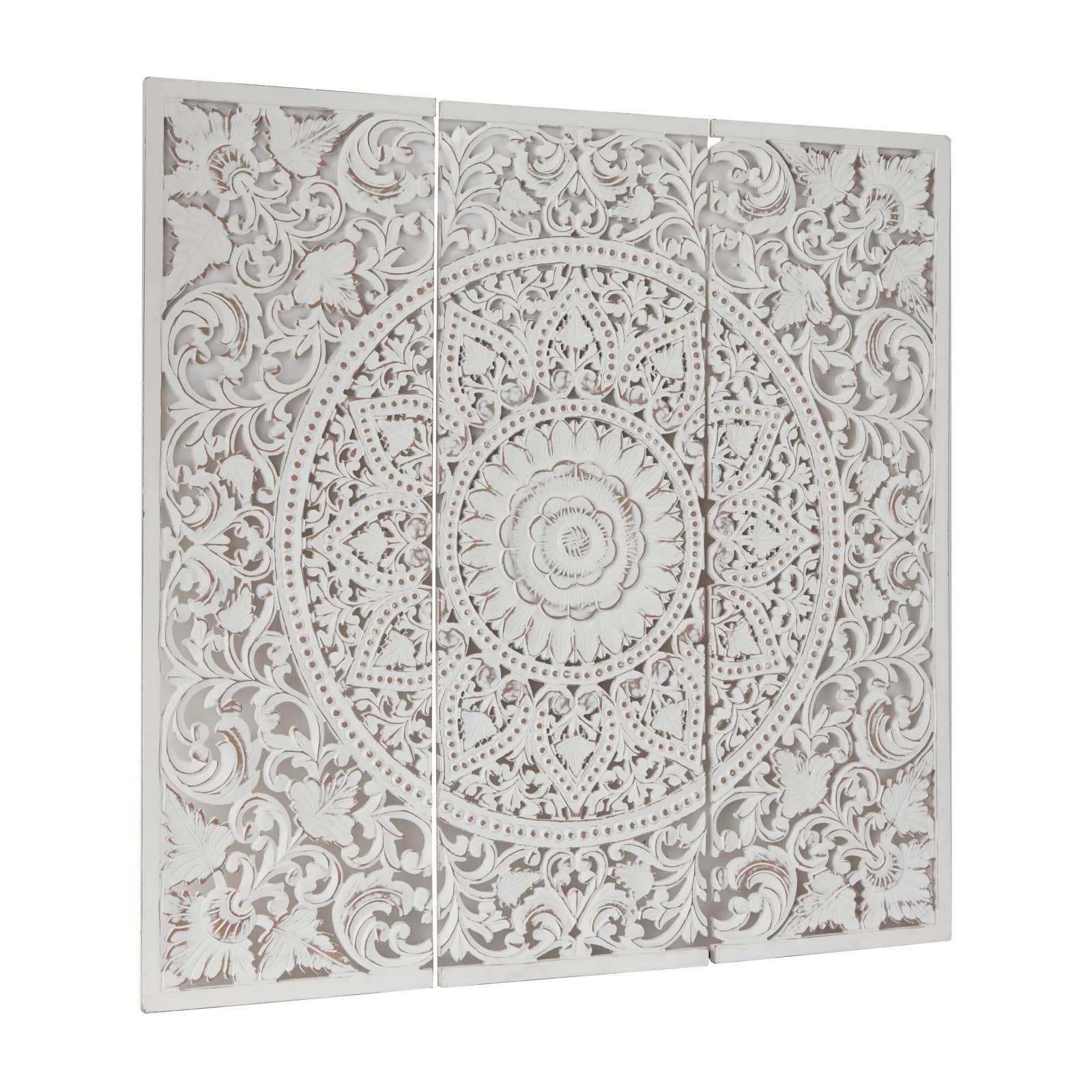 White Wood Handmade Intricately Carved Floral Wall Decor with Mandala ...