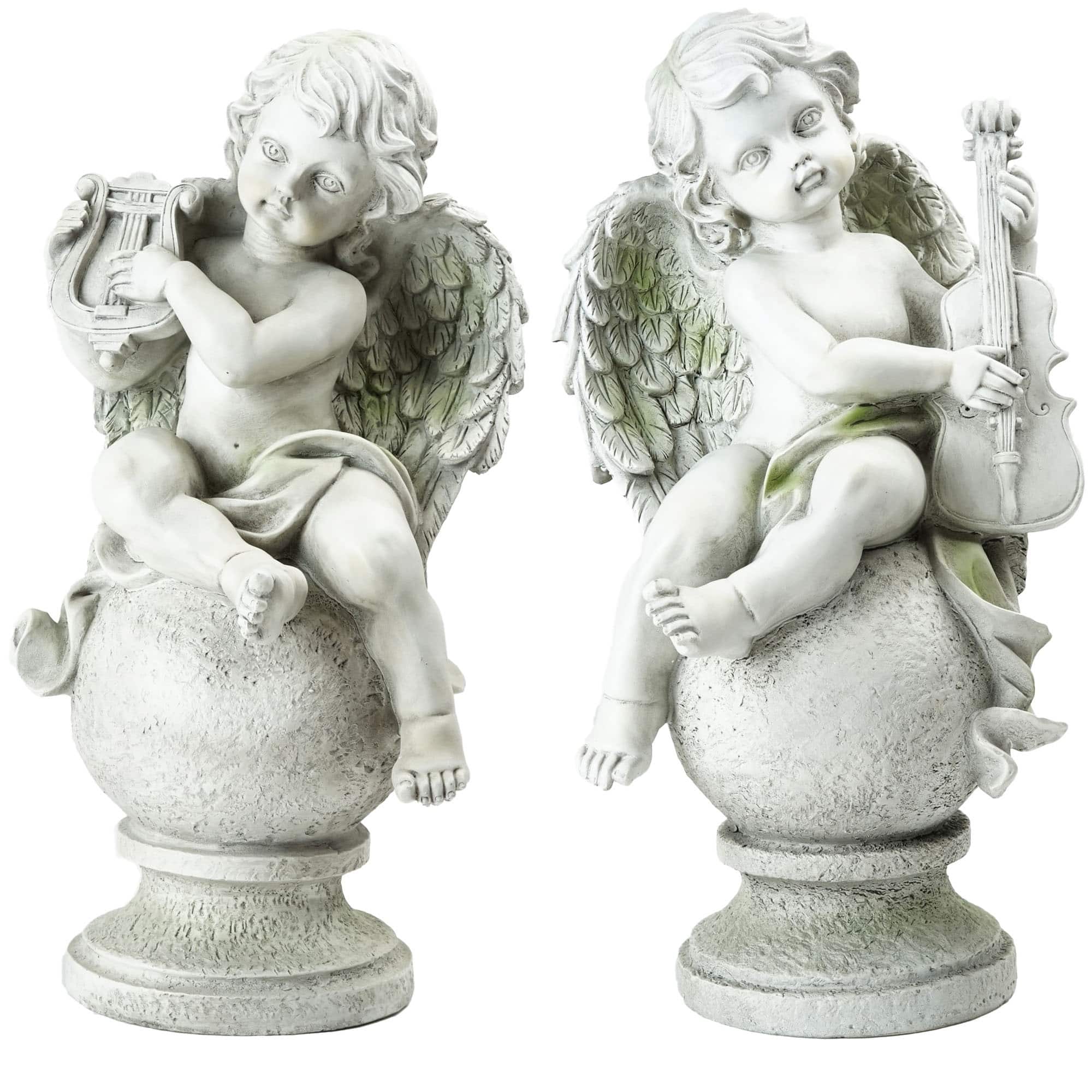 14.75" White Cherub Angels with Instruments Sitting Set on Finials Outdoor Garden Statues