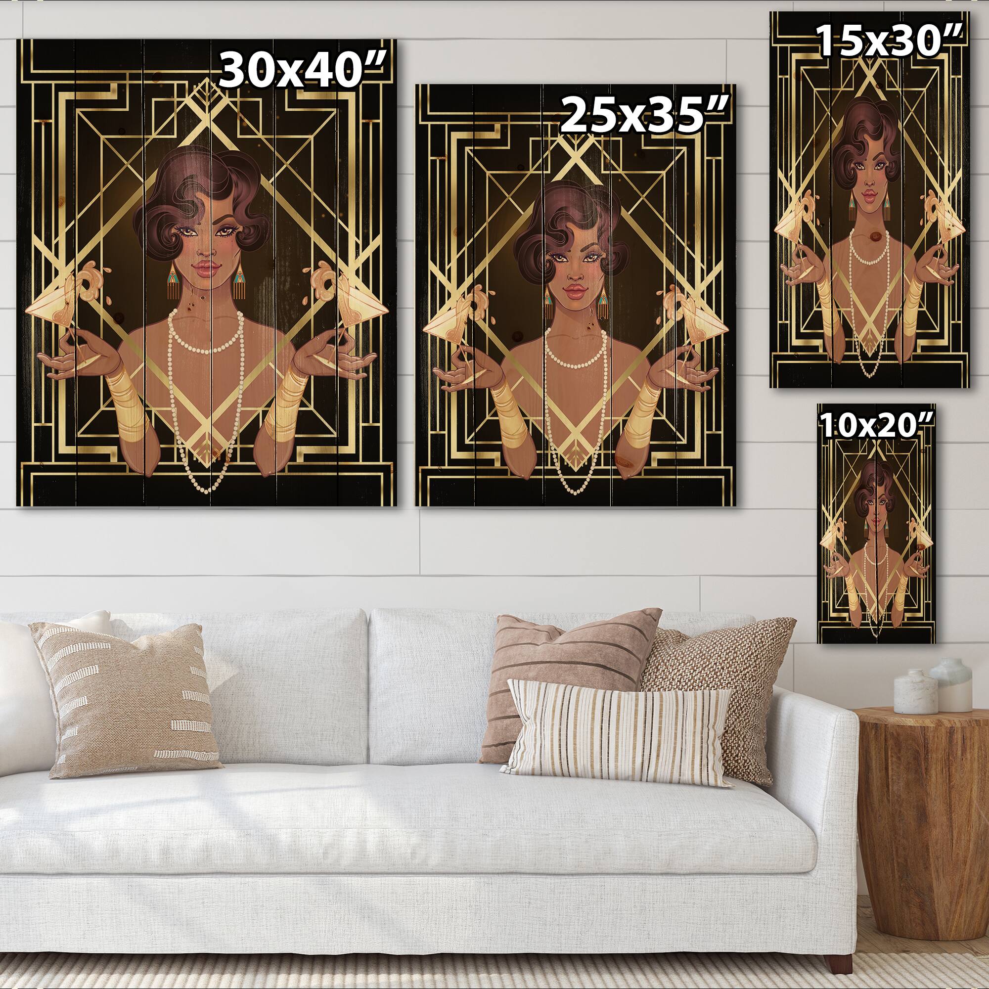 Designart - Retro Women In Golden Art Deco Geometrics I - Modern Print on Natural Pine Wood