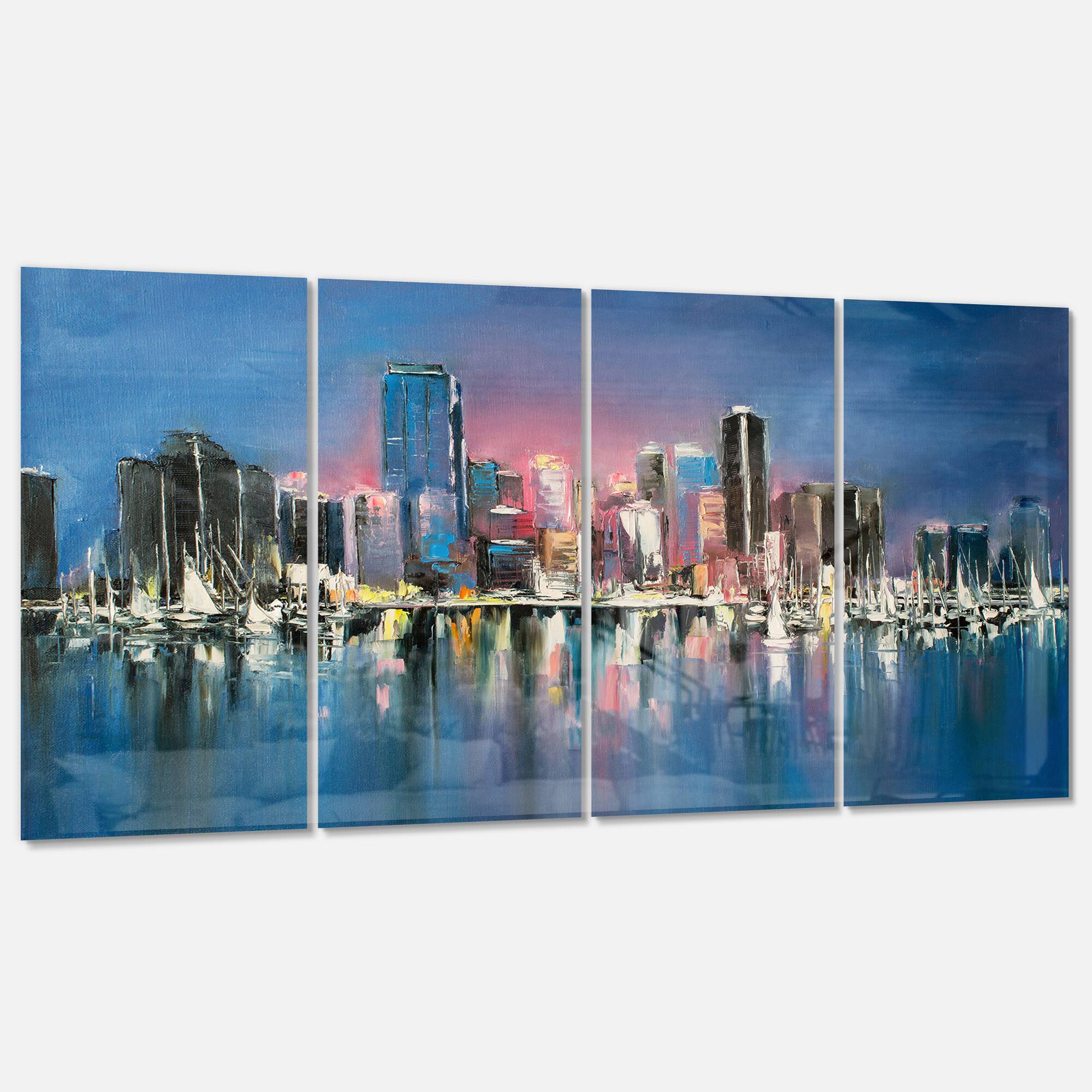 Designart - Coastal City Fantasy Night Scene in Oil Painting - Cityscapes Painting Print on Wrapped Canvas set