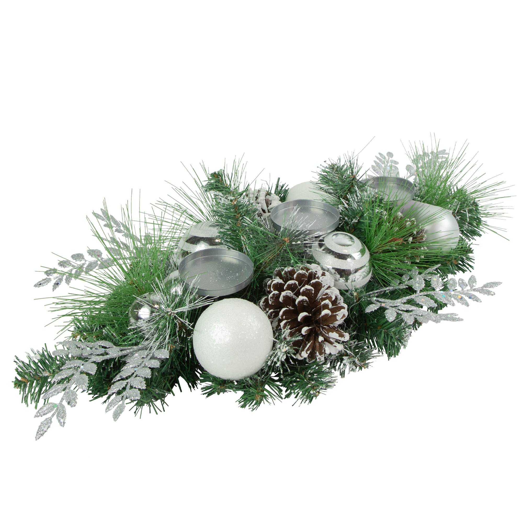 30" Green Pine & Needle Triple Candle Holder with Pinecones & Christmas Ornaments
