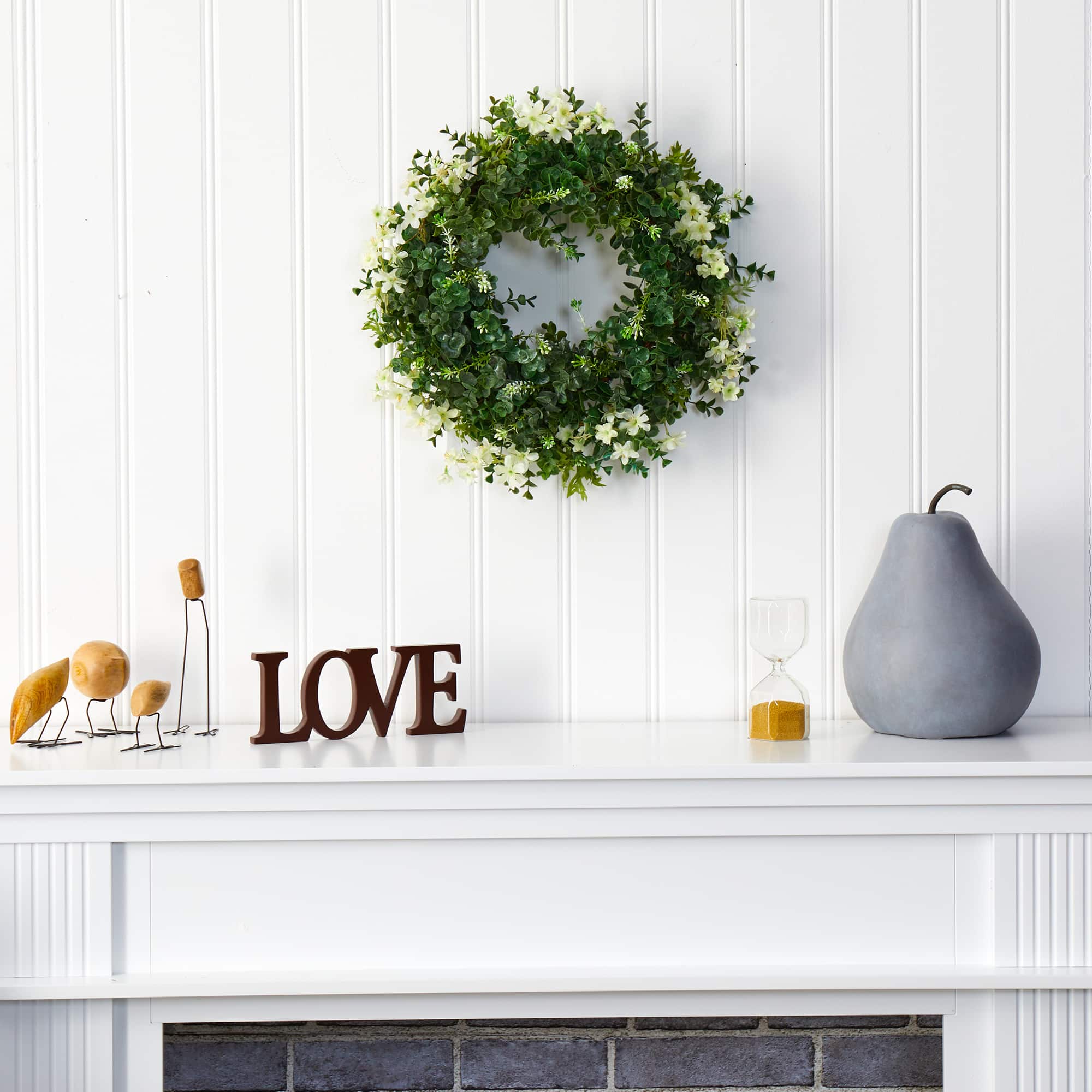 18&#x22; Eucalyptus &#x26; Dancing Daisy Double Ring Artificial Wreath With Twig Base
