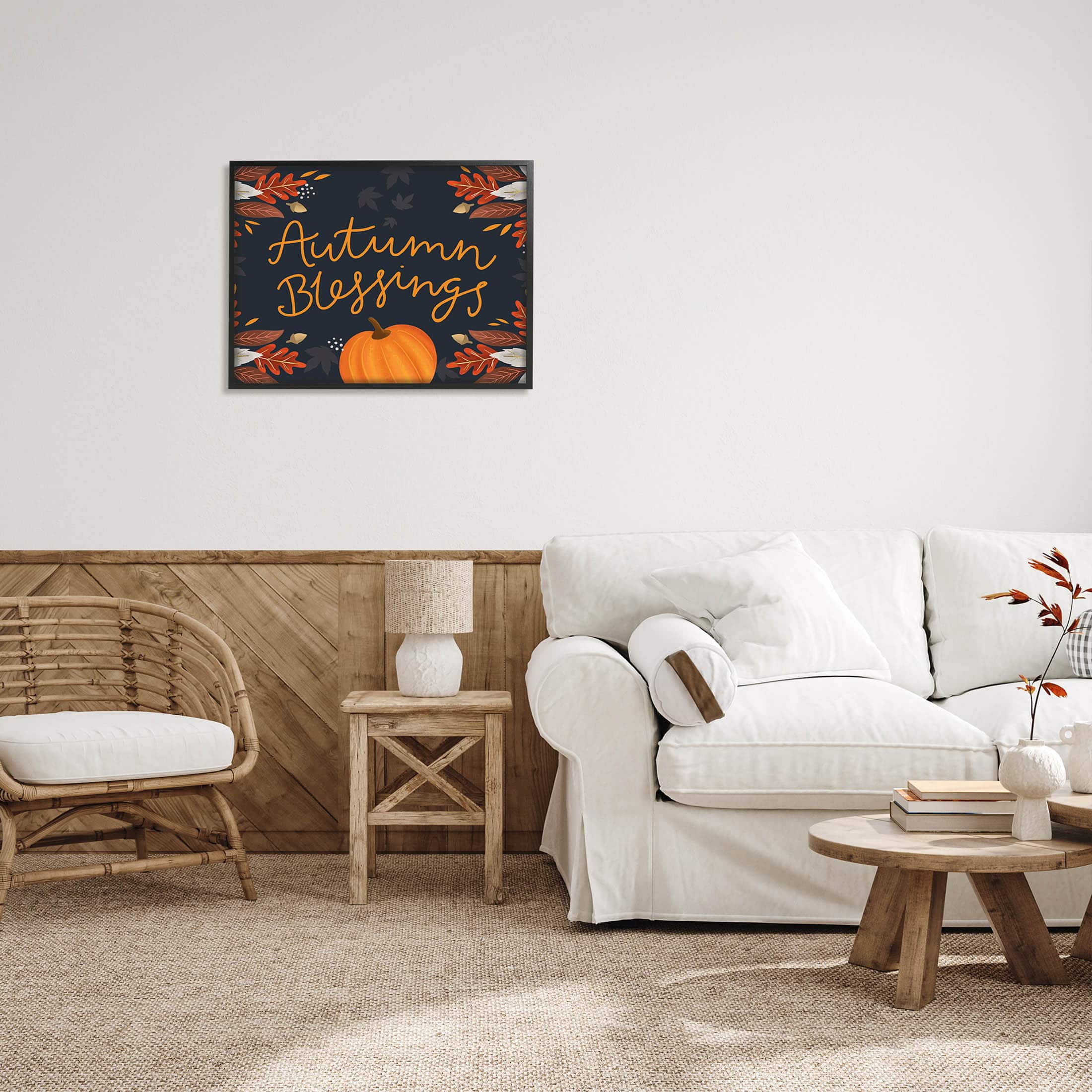 Stupell Industries Autumn Blessings Fall Leaves Pumpkin Framed Giclée Art