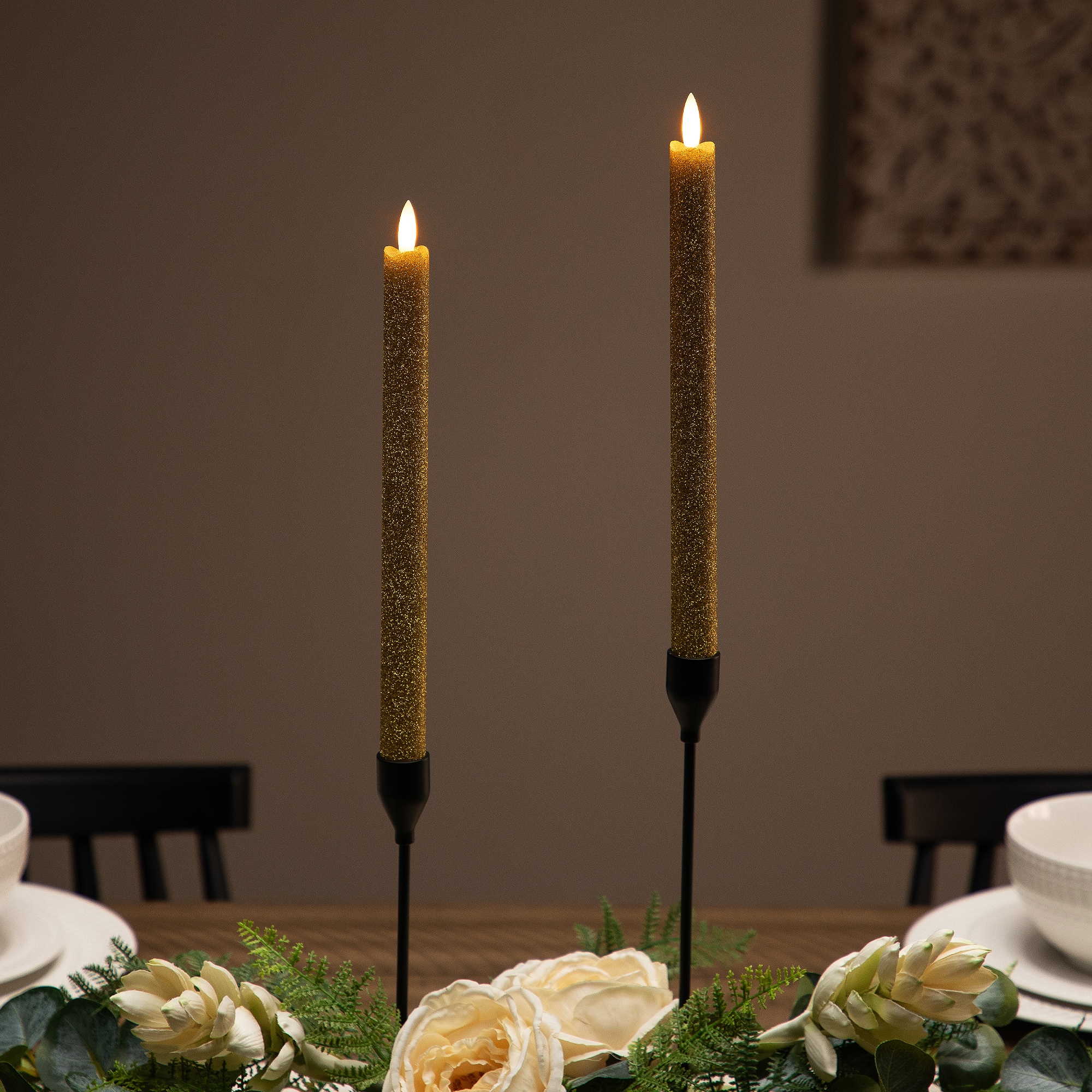 12" Gold Glittered Flameless Taper Candles, 2ct.