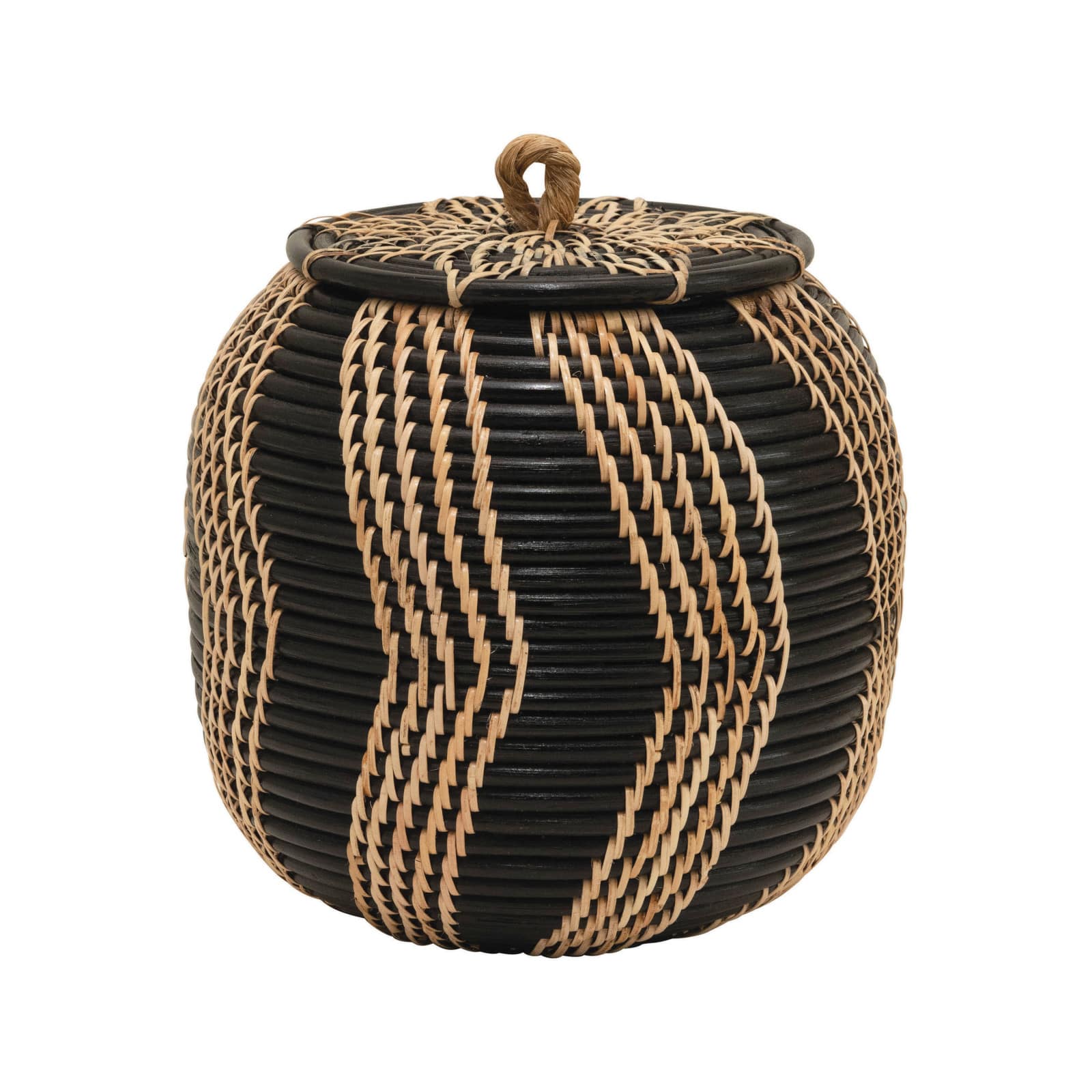 9" Black & Natural Handwoven Rattan Basket with Lid