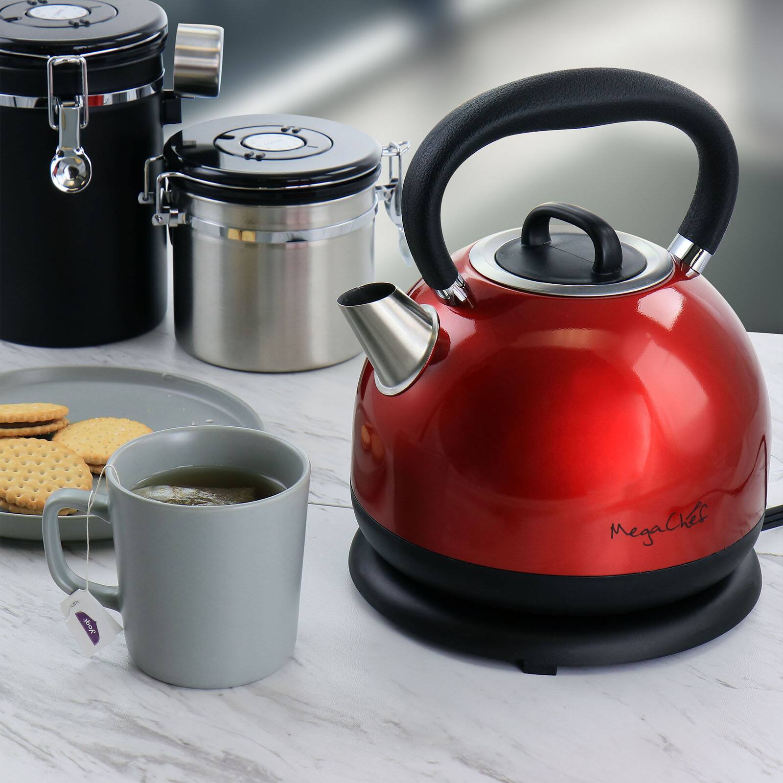MegaChef 1.7L Red Cordless Half Round Electric Stainless Steel Tea Kettle
