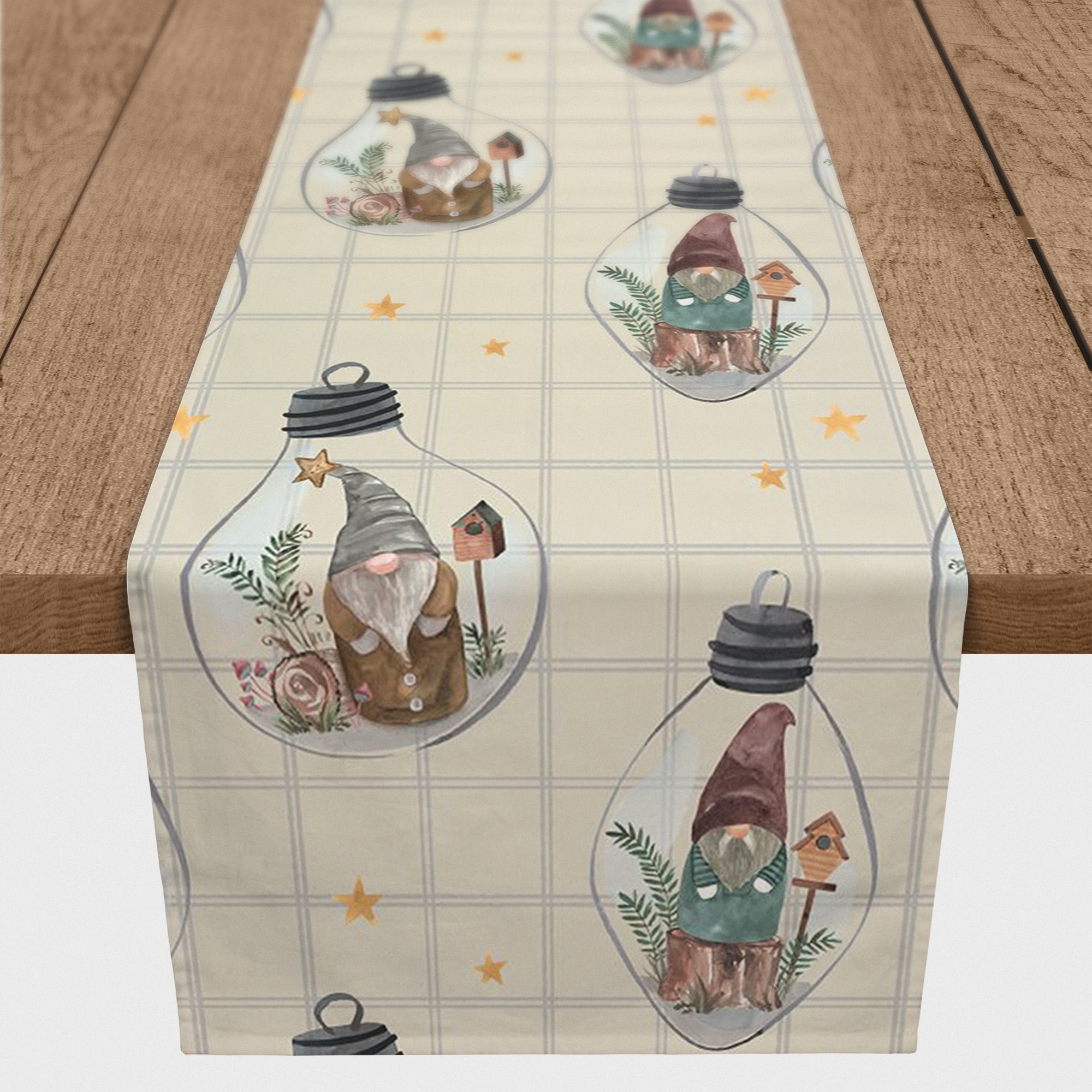 72" Cream & Gray Check Gnome Globe Pattern Cotton Twill Runner