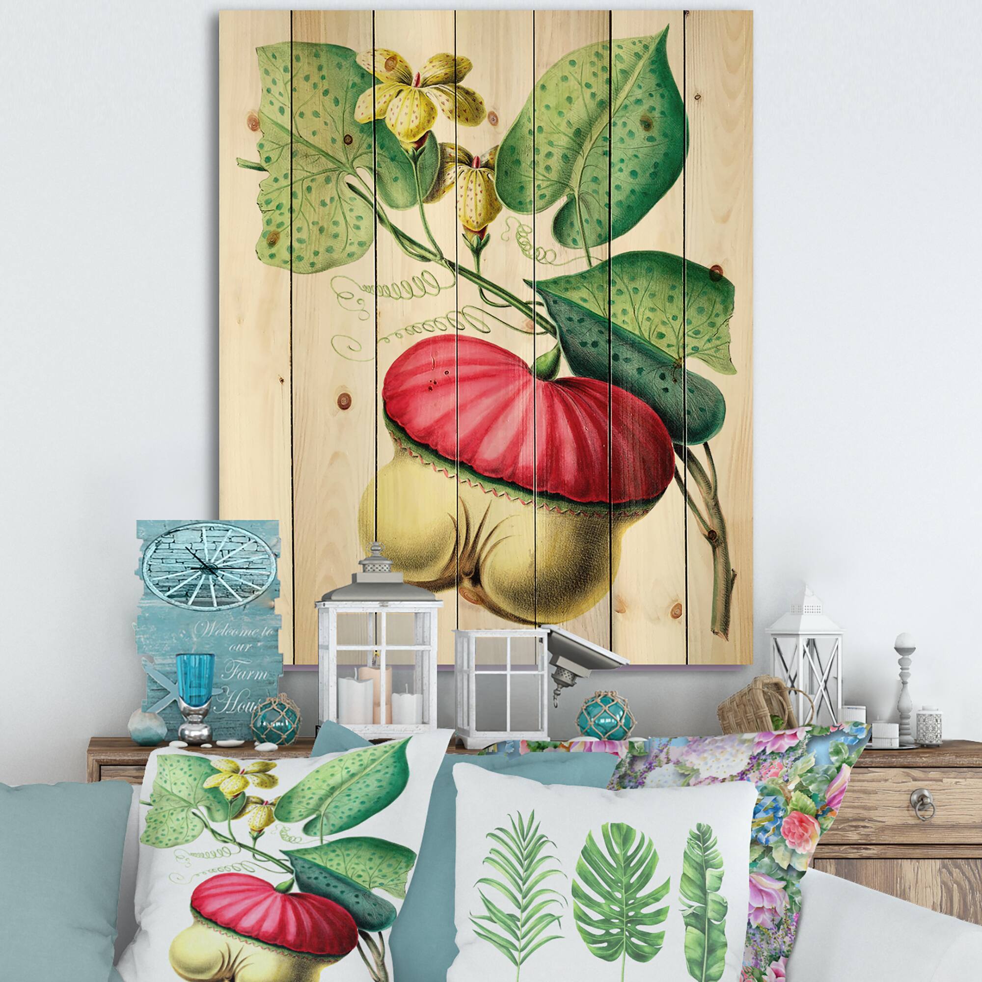 Designart - Vintage American Flowers I - Traditional Print on Natural Pine Wood