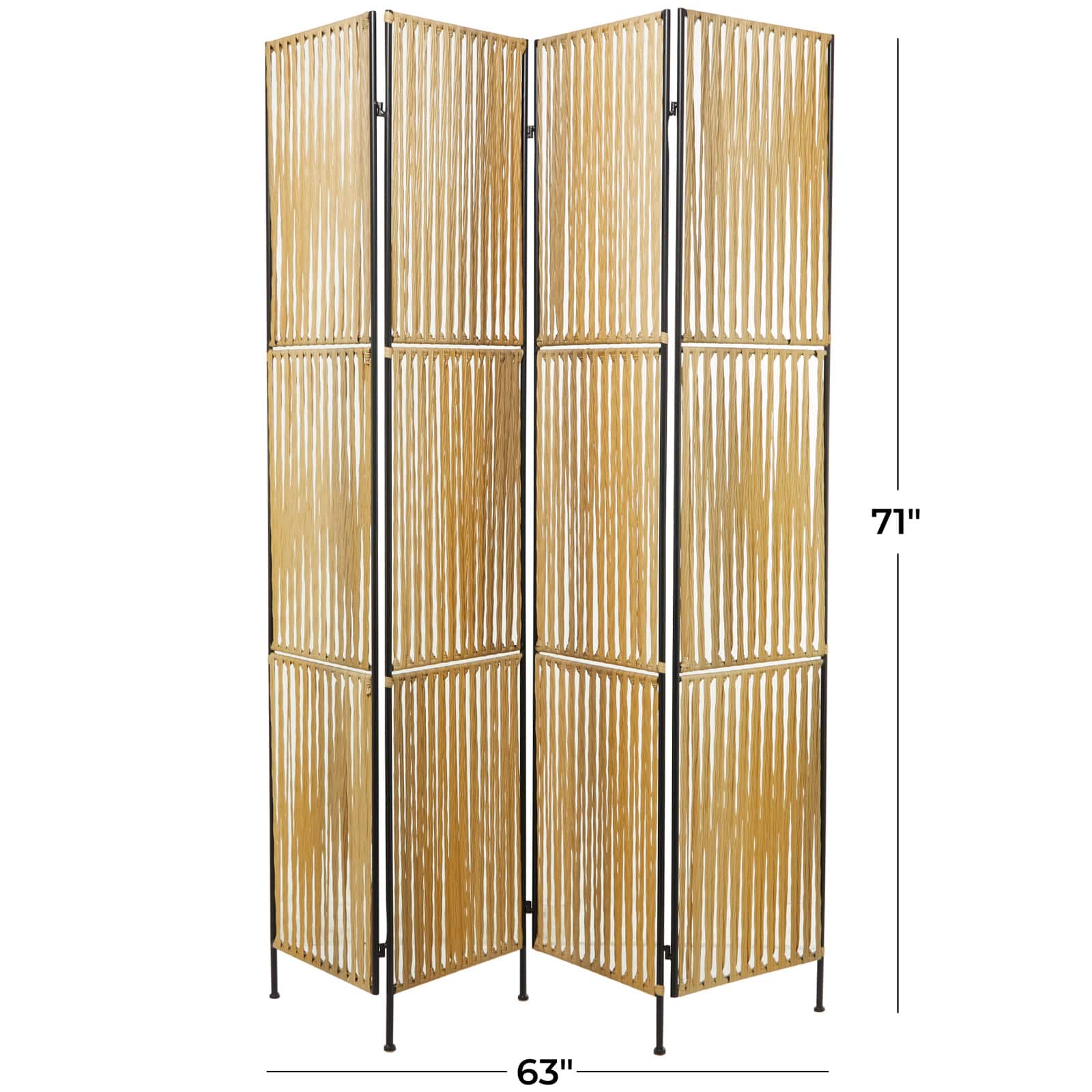 Light Brown Rattan Handmade Hinged Foldable Partition 4 Panel Room Divider Screen with Wrapped Seagrass Design 63" x 1" x 71"