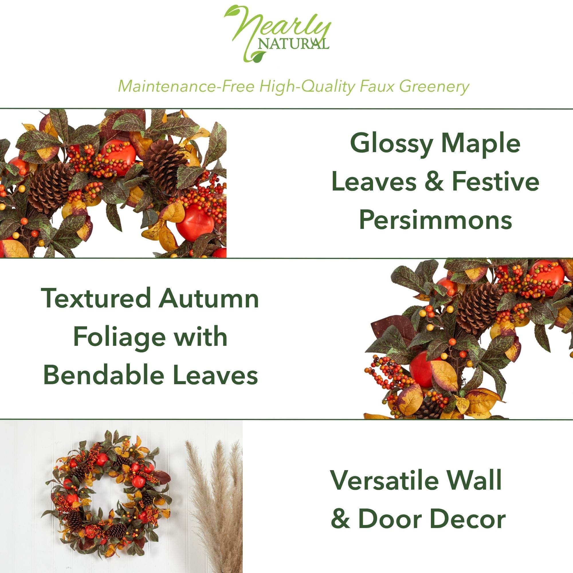 26&#x22; Autumn Persimmon &#x26; Pinecones Fall Wreath