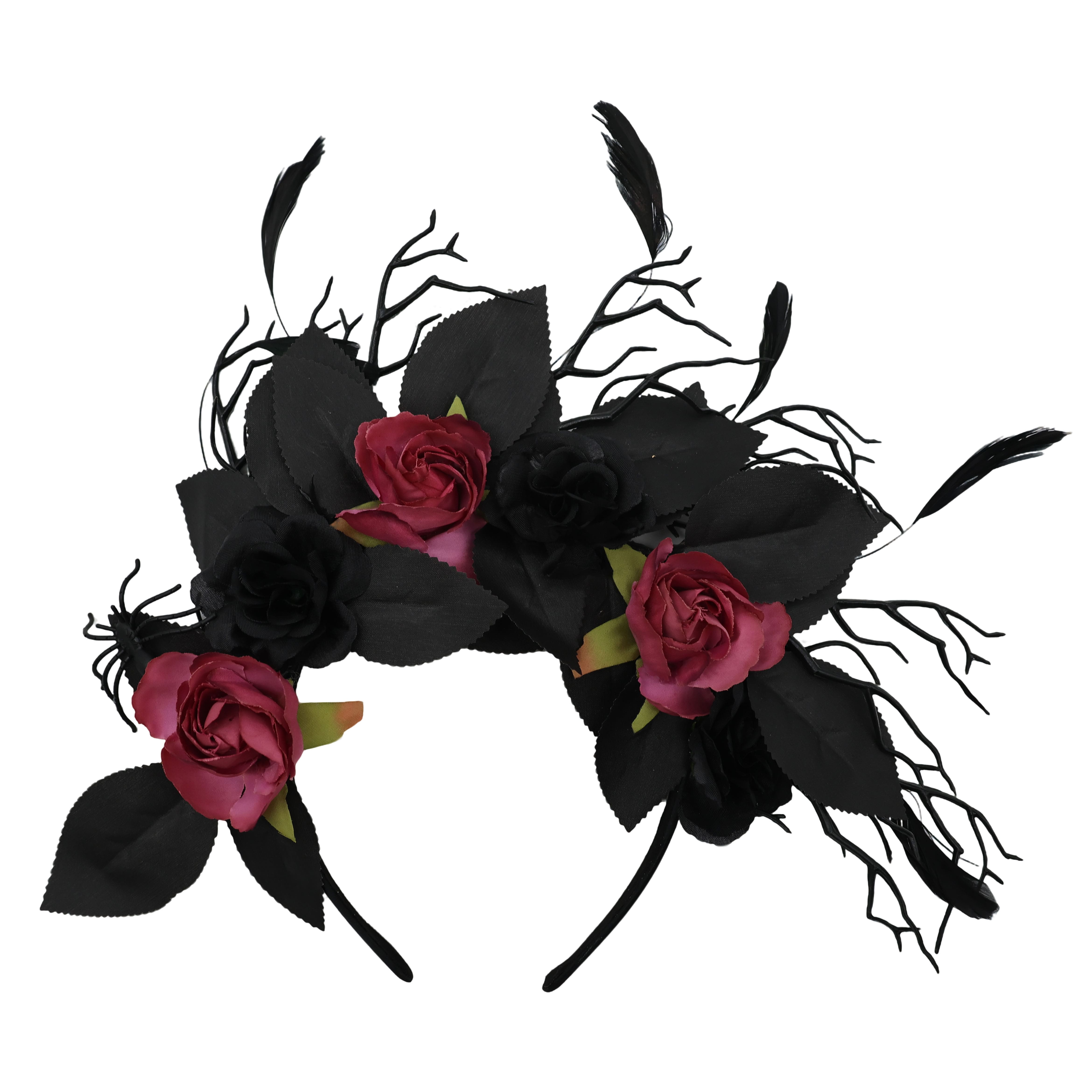 Black &#x26; Dark Red Rose &#x26; Feather Headband by Celebrate It&#x2122;