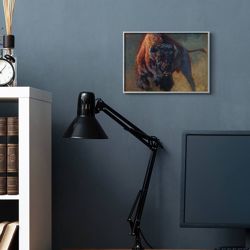 Stupell Industries Running Bull Portrait Masculine Cattle Pose in Gray Frame Wall Art