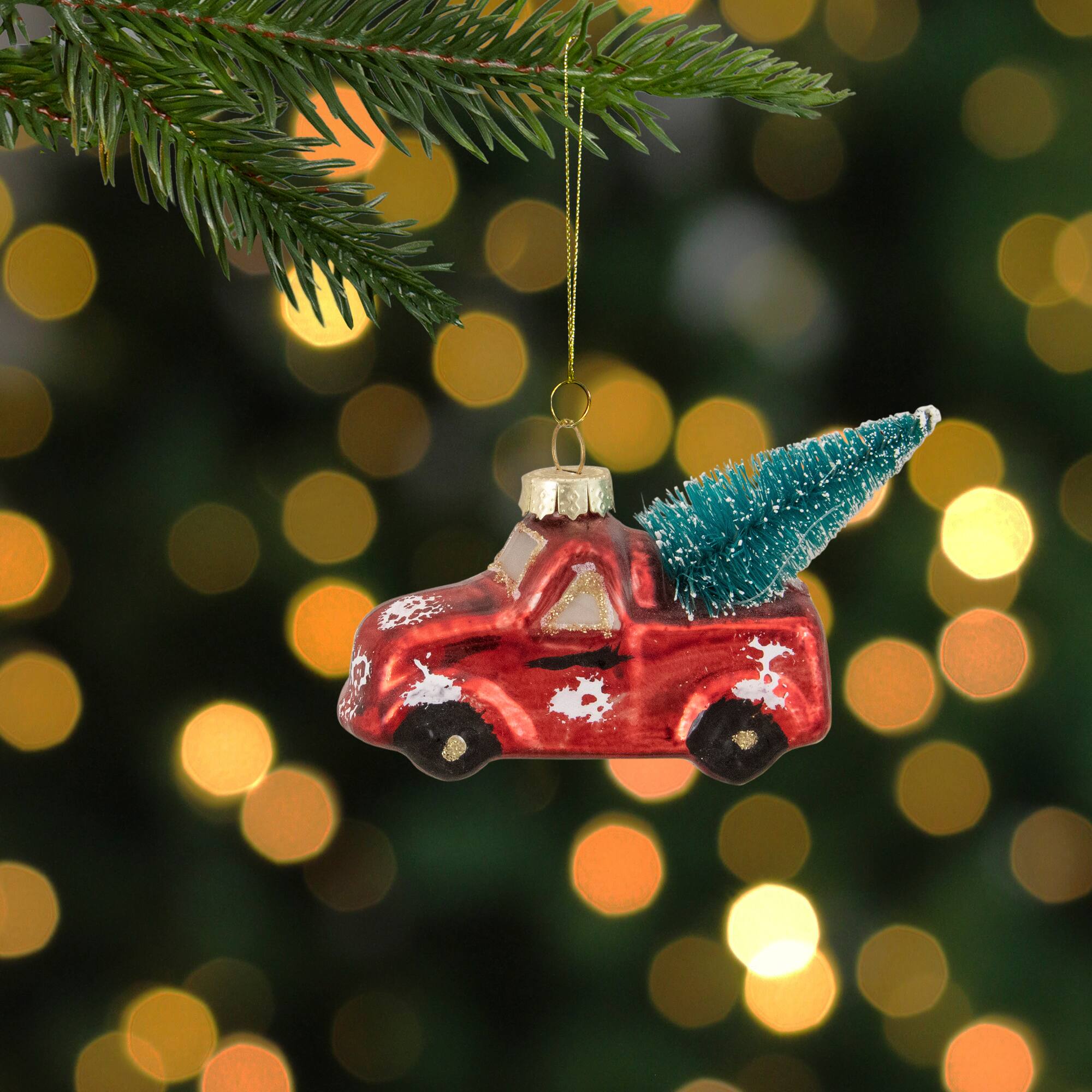 4&#x22; Red Metallic Truck with a Sisal Tree Glass Christmas Ornament
