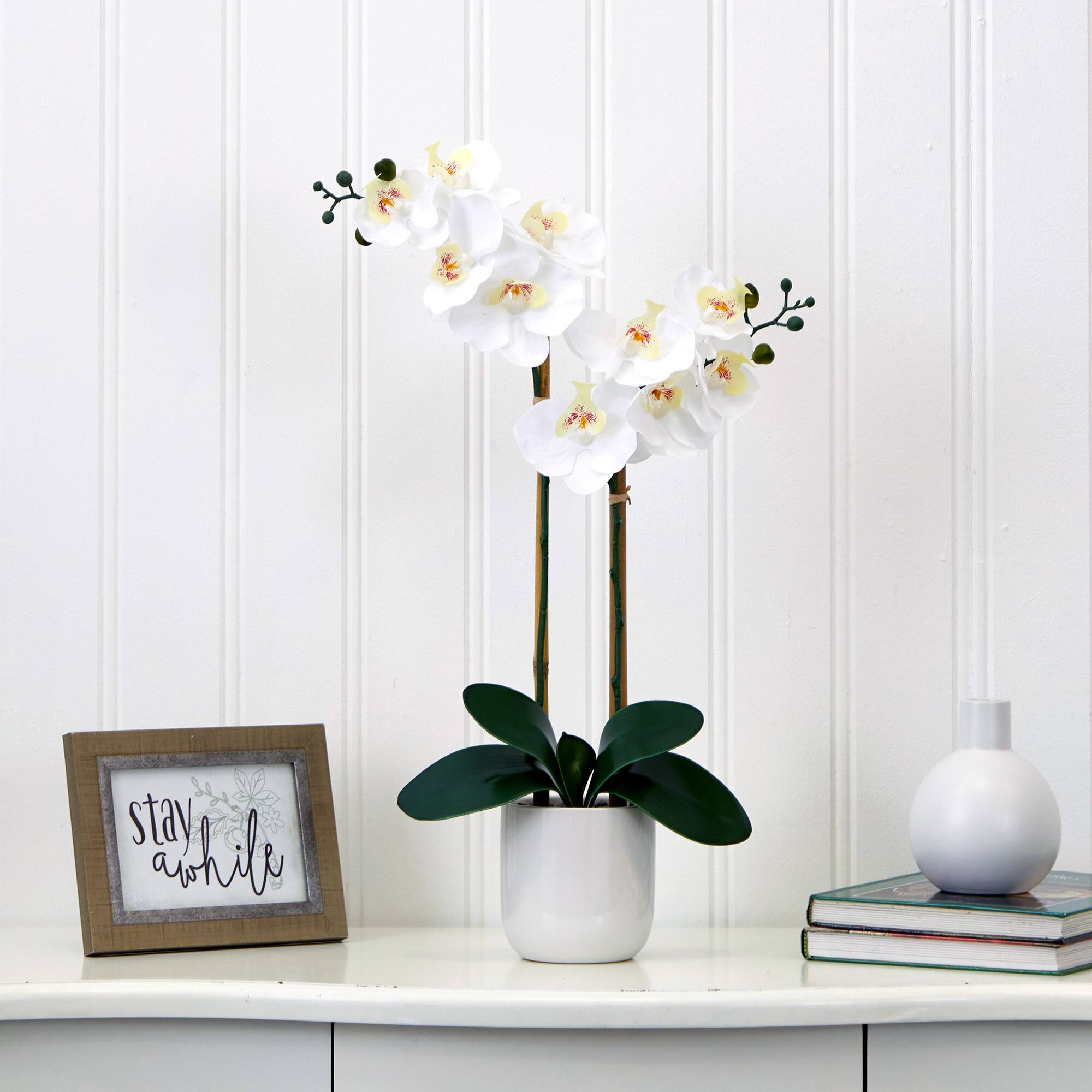 26" Artificial Real Touch White Double Orchid Phalaenopsis with Decorative Vase