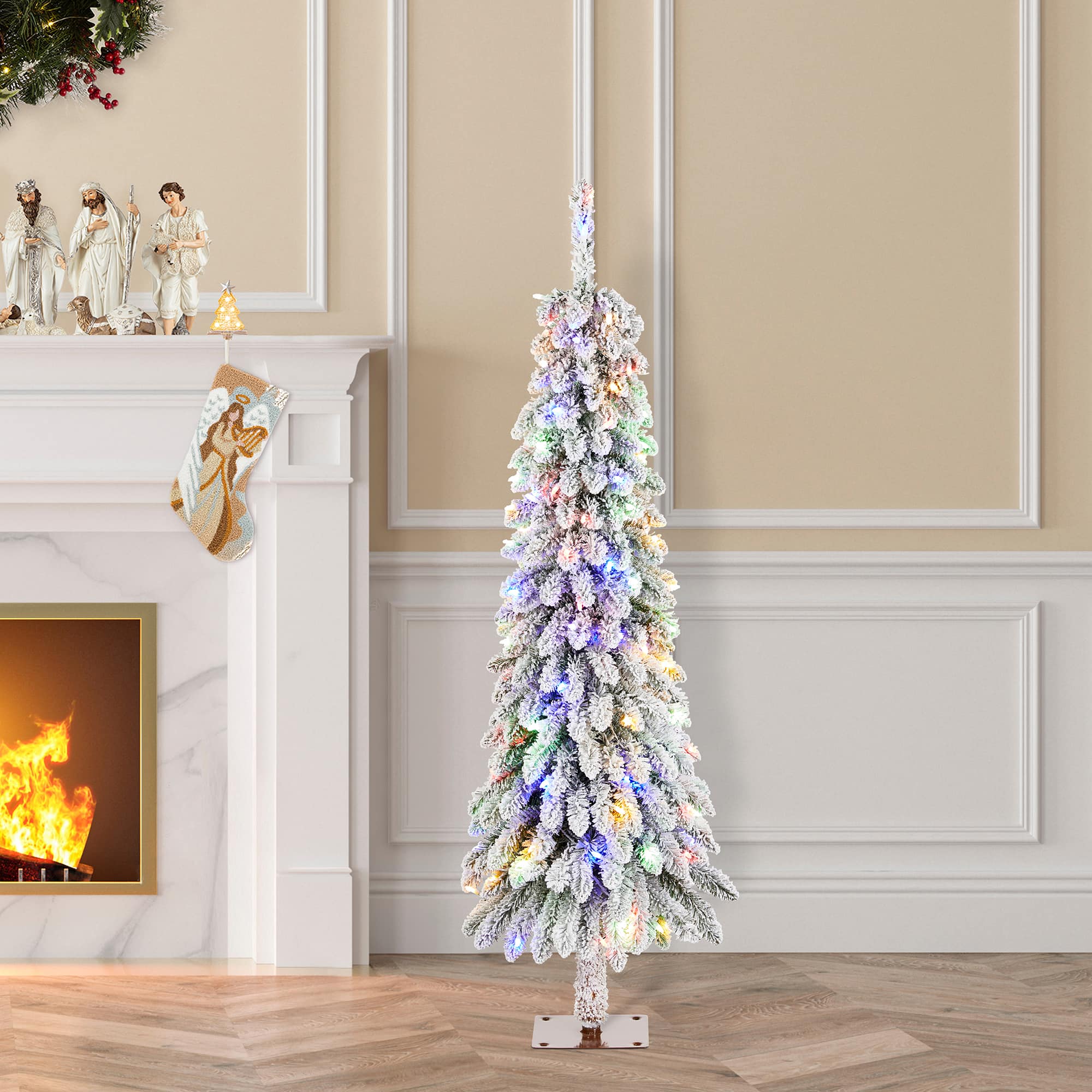 Glitzhome® 4.5ft Pre-Lit Flocked Artificial Christmas Tree, Warm White Lights