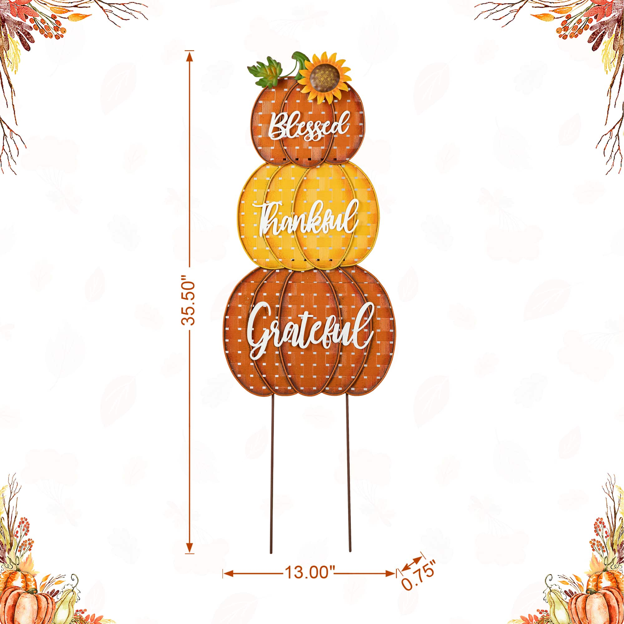 Glitzhome&#xAE; 35.5&#x22; Thanksgiving Metal Stacked Pumpkins Yard Stake