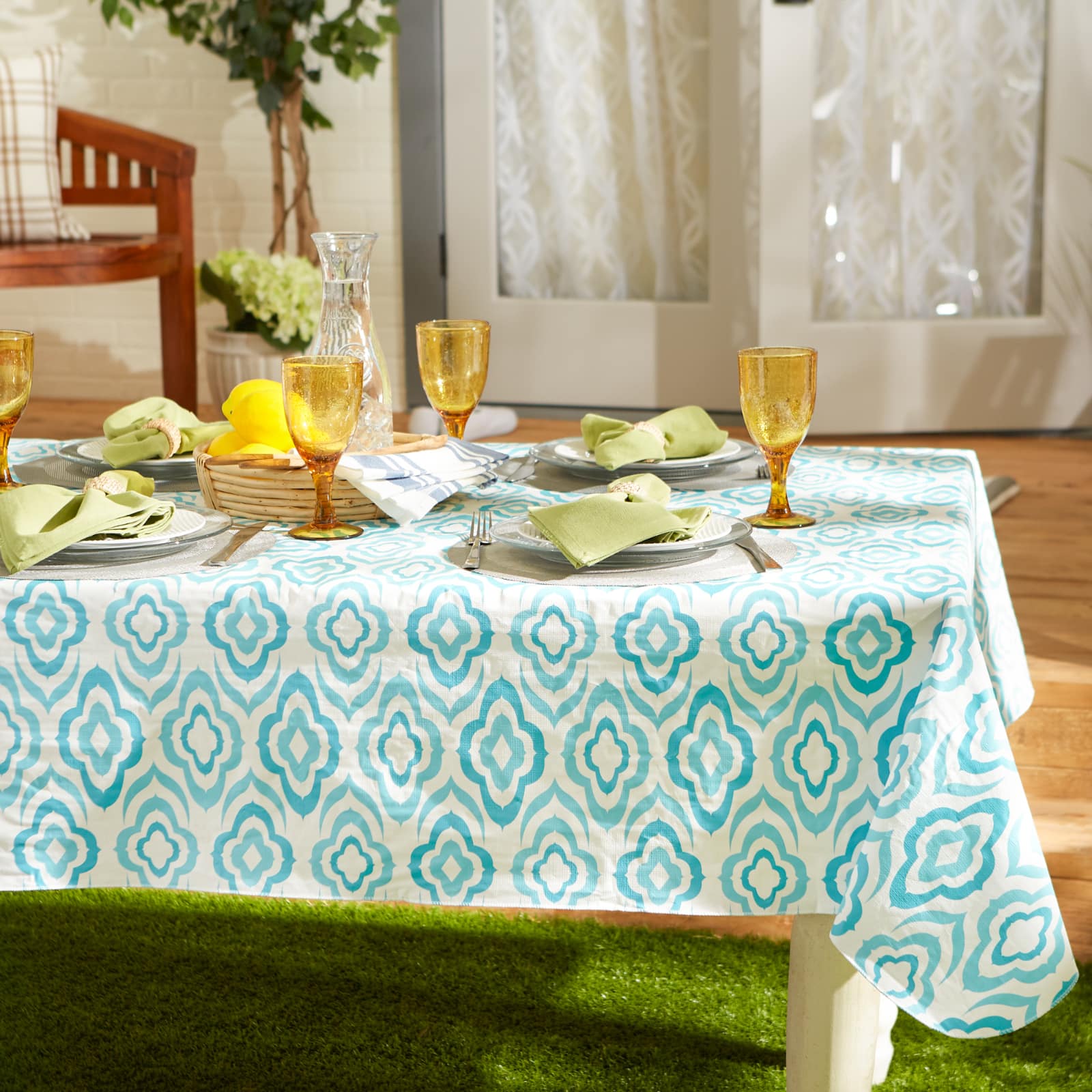 Blue Ikat Vinyl Tablecloth 70&#x22; Round