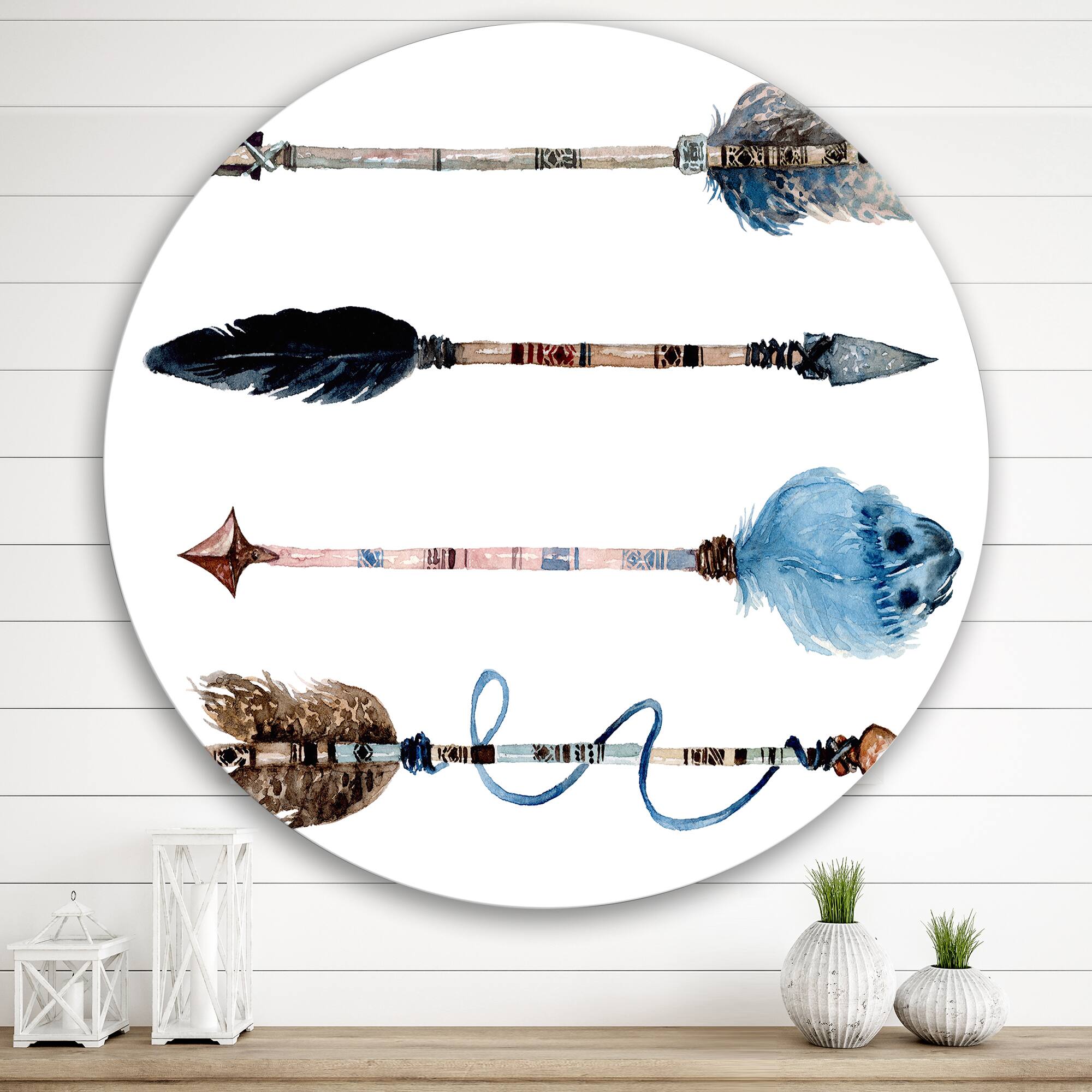 Designart - Ethnic Feathers and Flowers On Native Arrows IV - Bohemian & Eclectic Metal Circle Wall Art